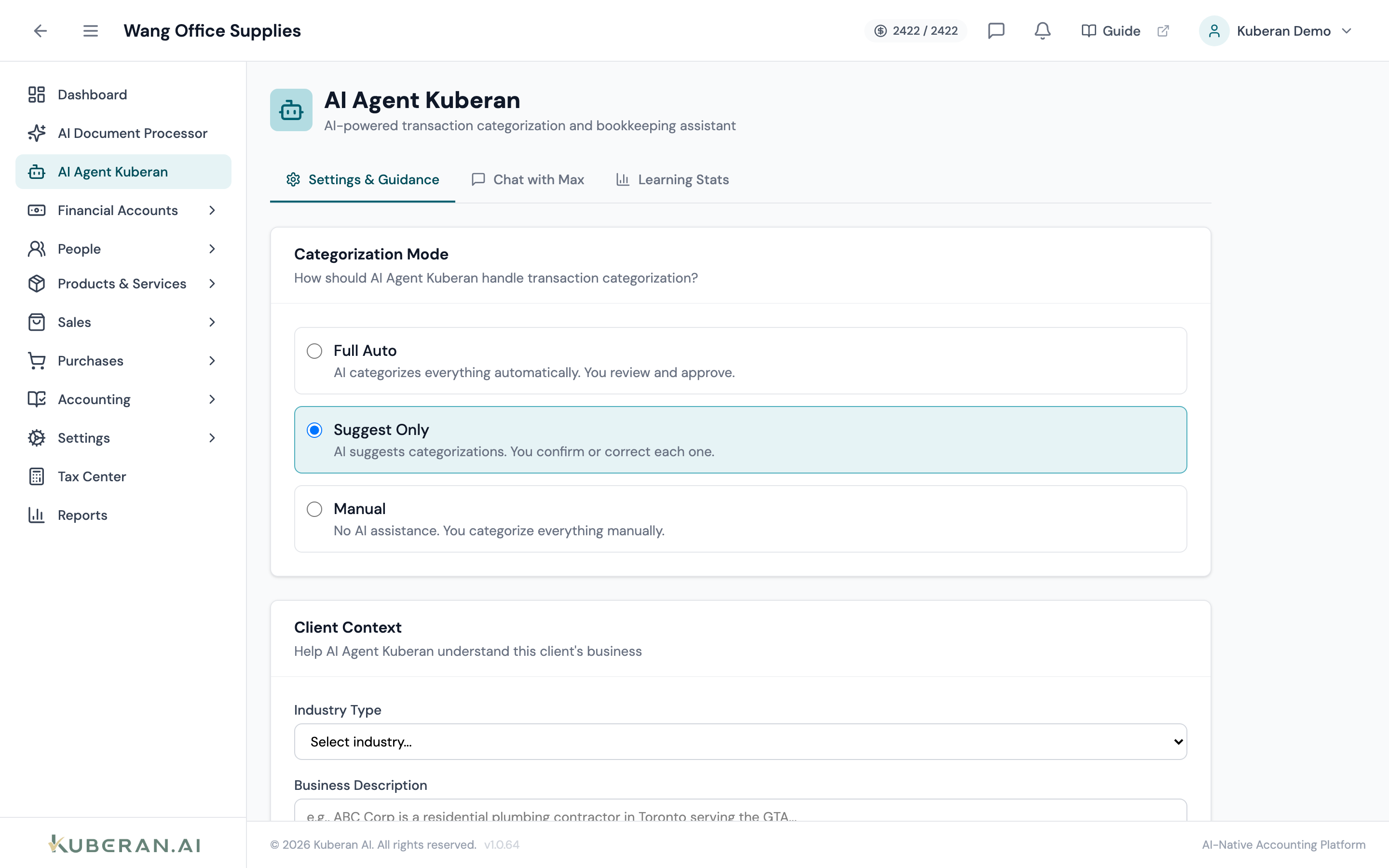AI Agent screen showing chat interface on the left, document processing queue on the right, and AI suggestions panel below
