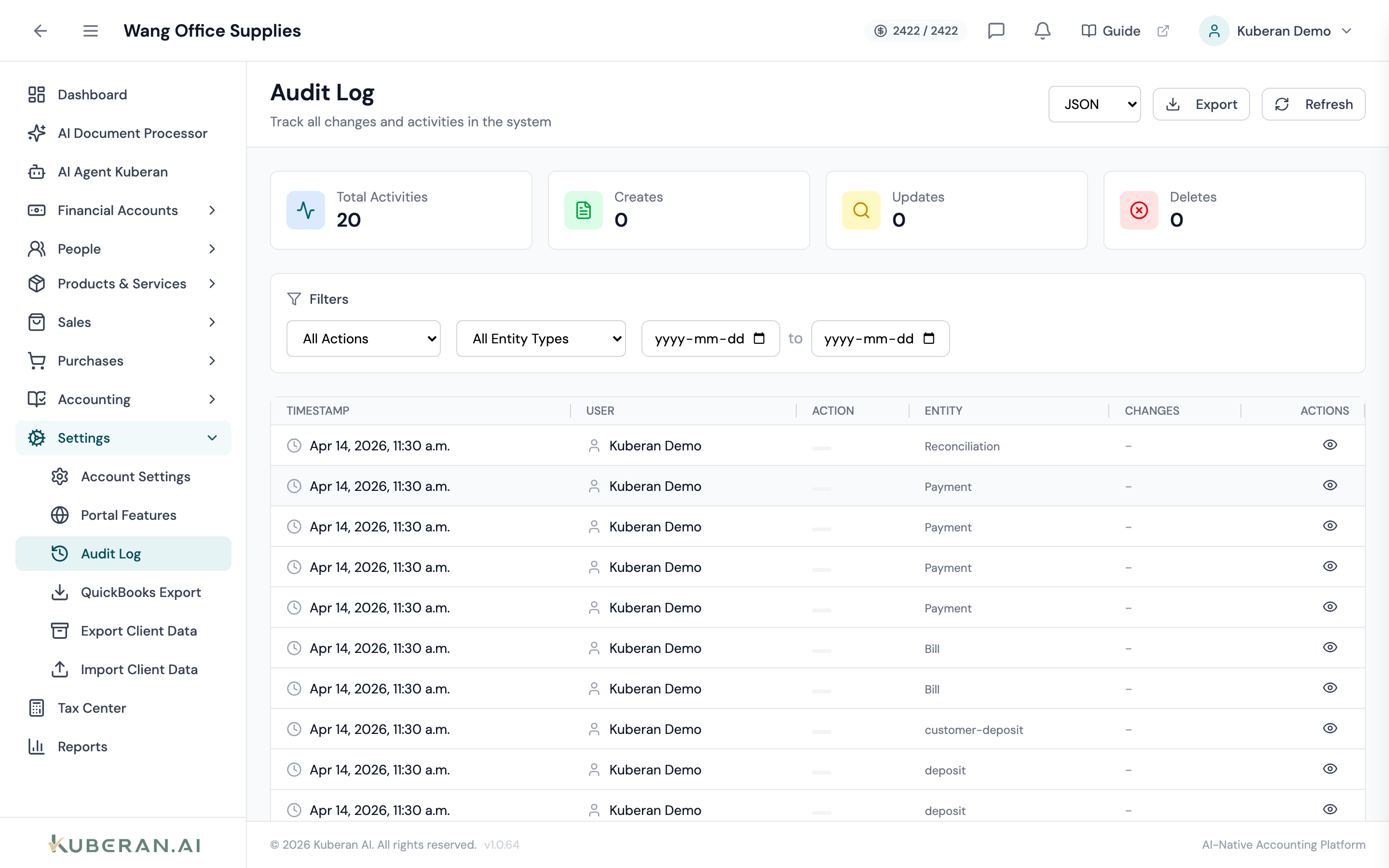 Audit Log showing date/time, user, action type, entity description, and IP address columns with filter controls