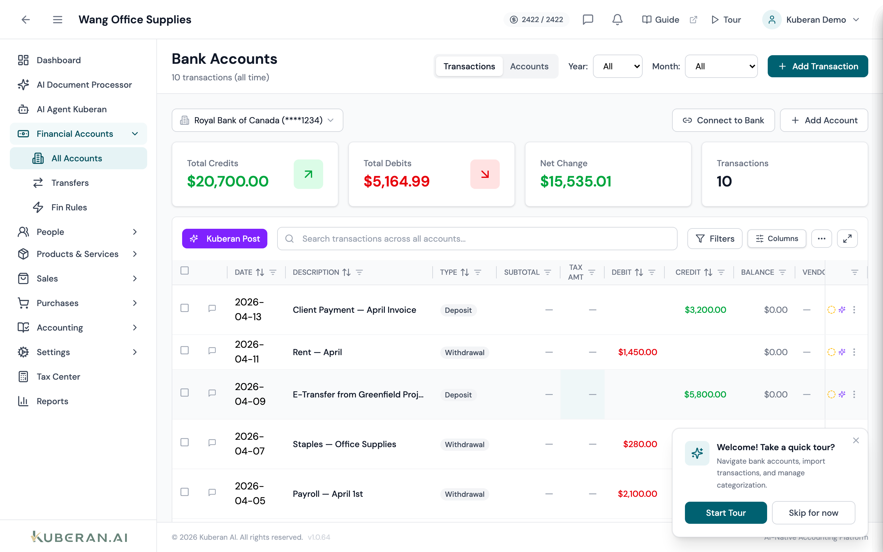 Bank Accounts list showing connected and manual accounts with sync status and balance columns