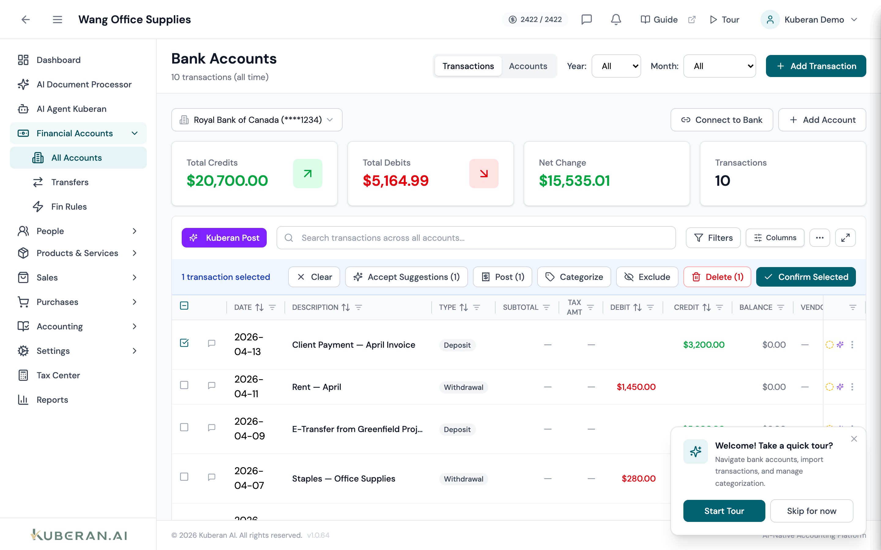 Bank Transactions list with filter bar, transaction rows showing status badges, and categorisation panel