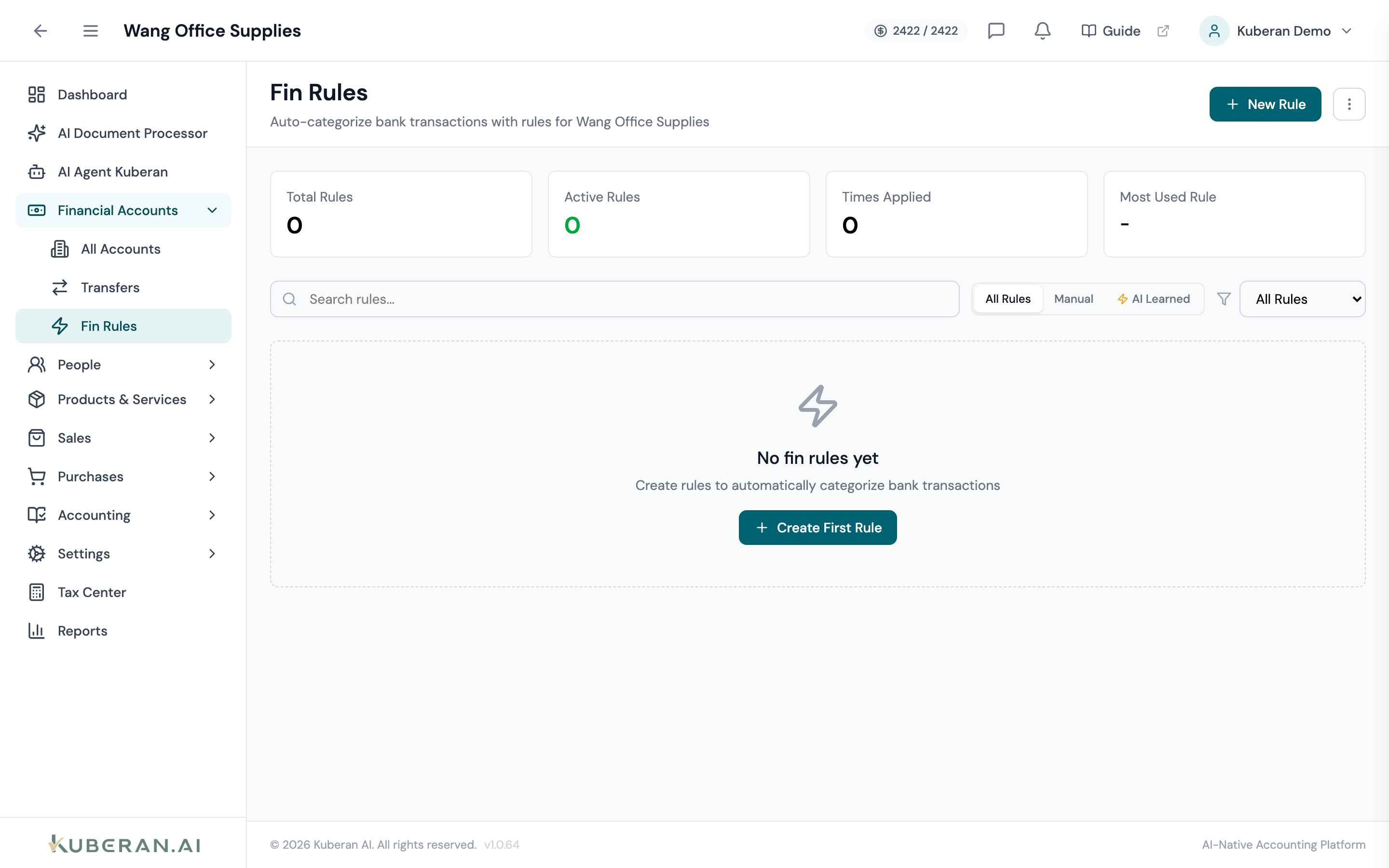 Bank Rules list showing rule name, condition summary, action summary, and priority order handles