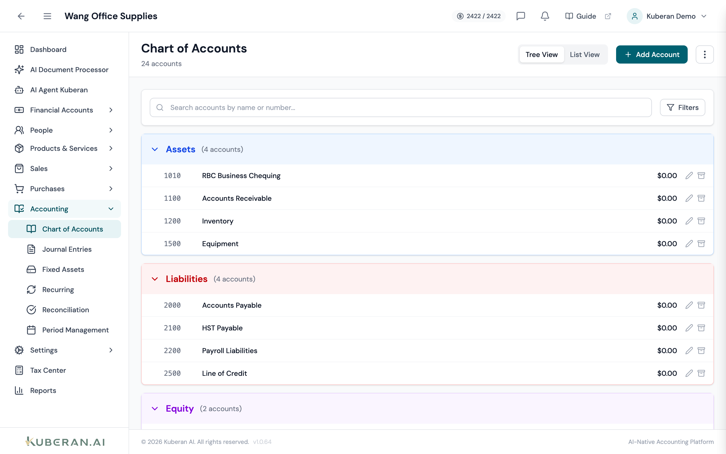 Chart of Accounts showing hierarchical tree with account type sections, account numbers, names, and balances