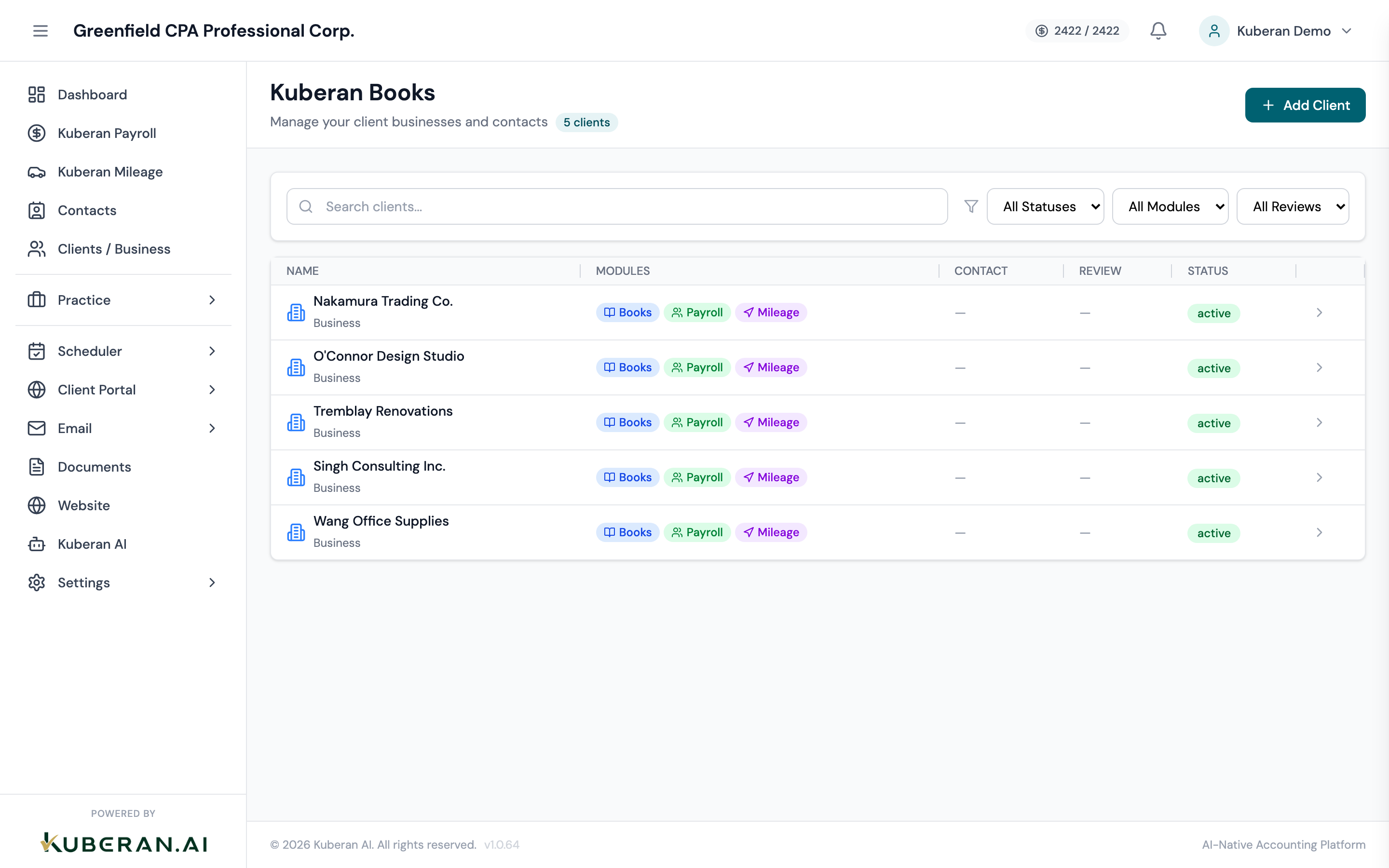 Client detail page with the Open Books button highlighted