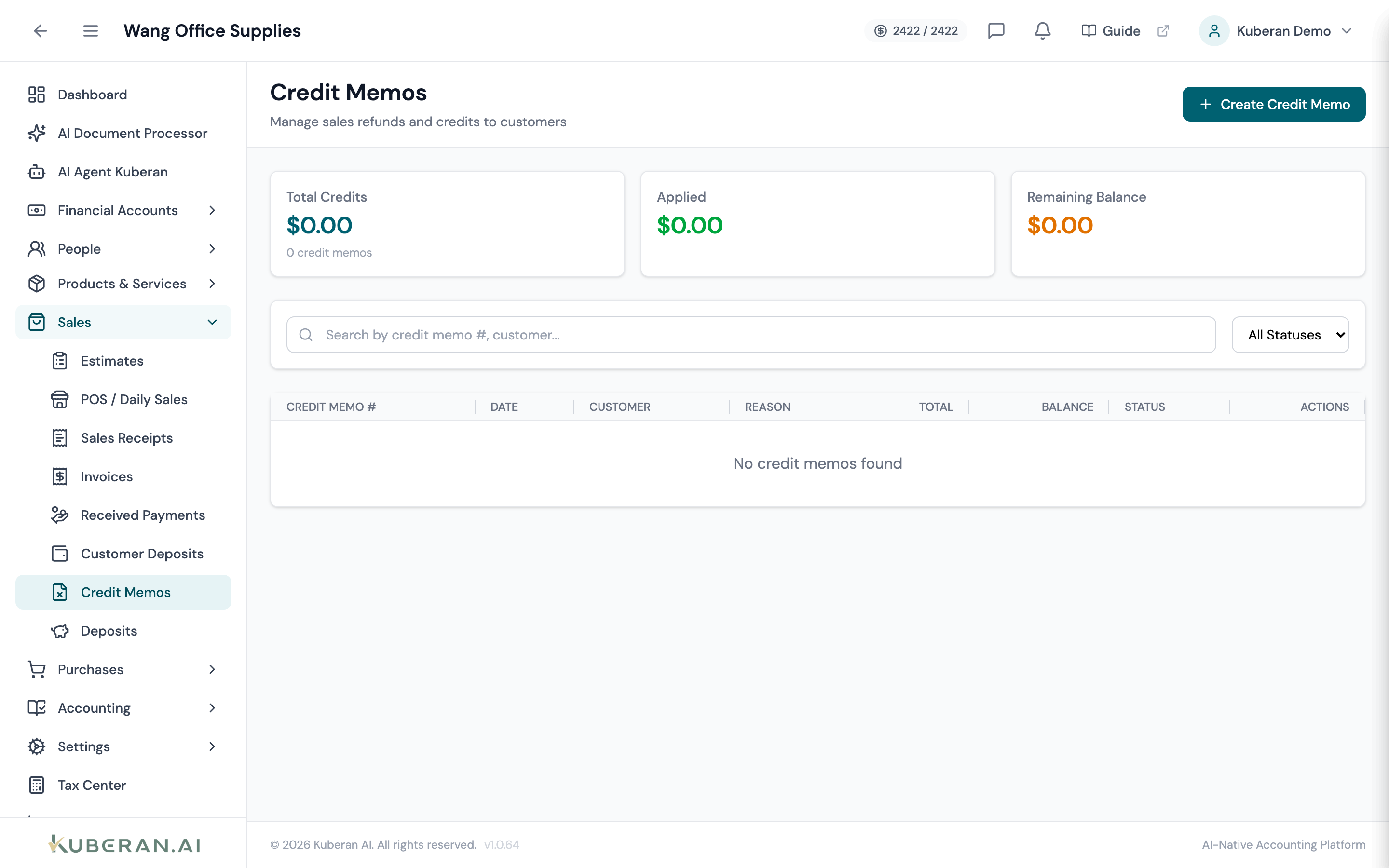 Credit Memos list showing credit memo number, date, customer, reason, total, balance, and status columns