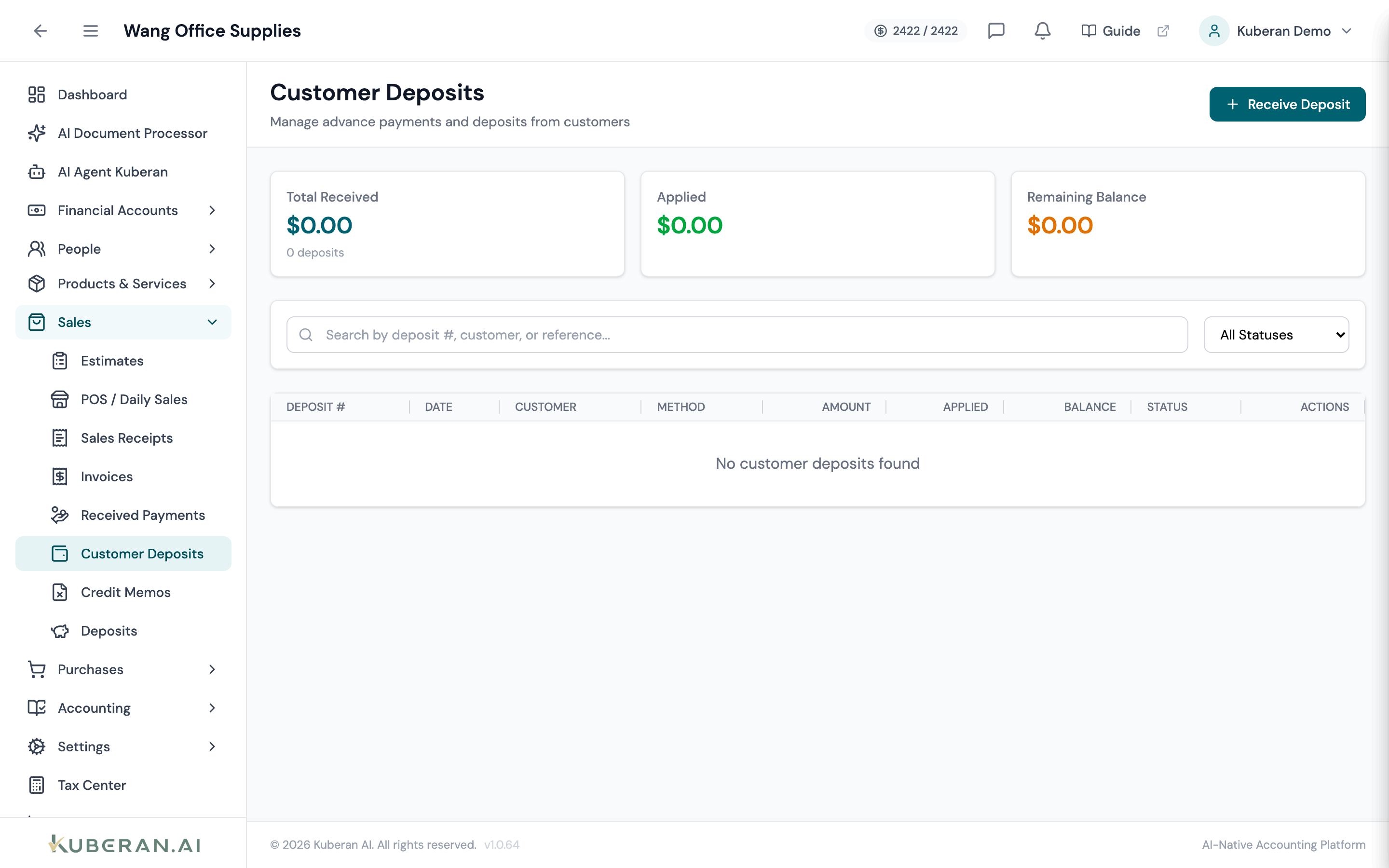 Customer Deposits list showing deposit number, date, customer, method, amount, applied, balance, and status columns