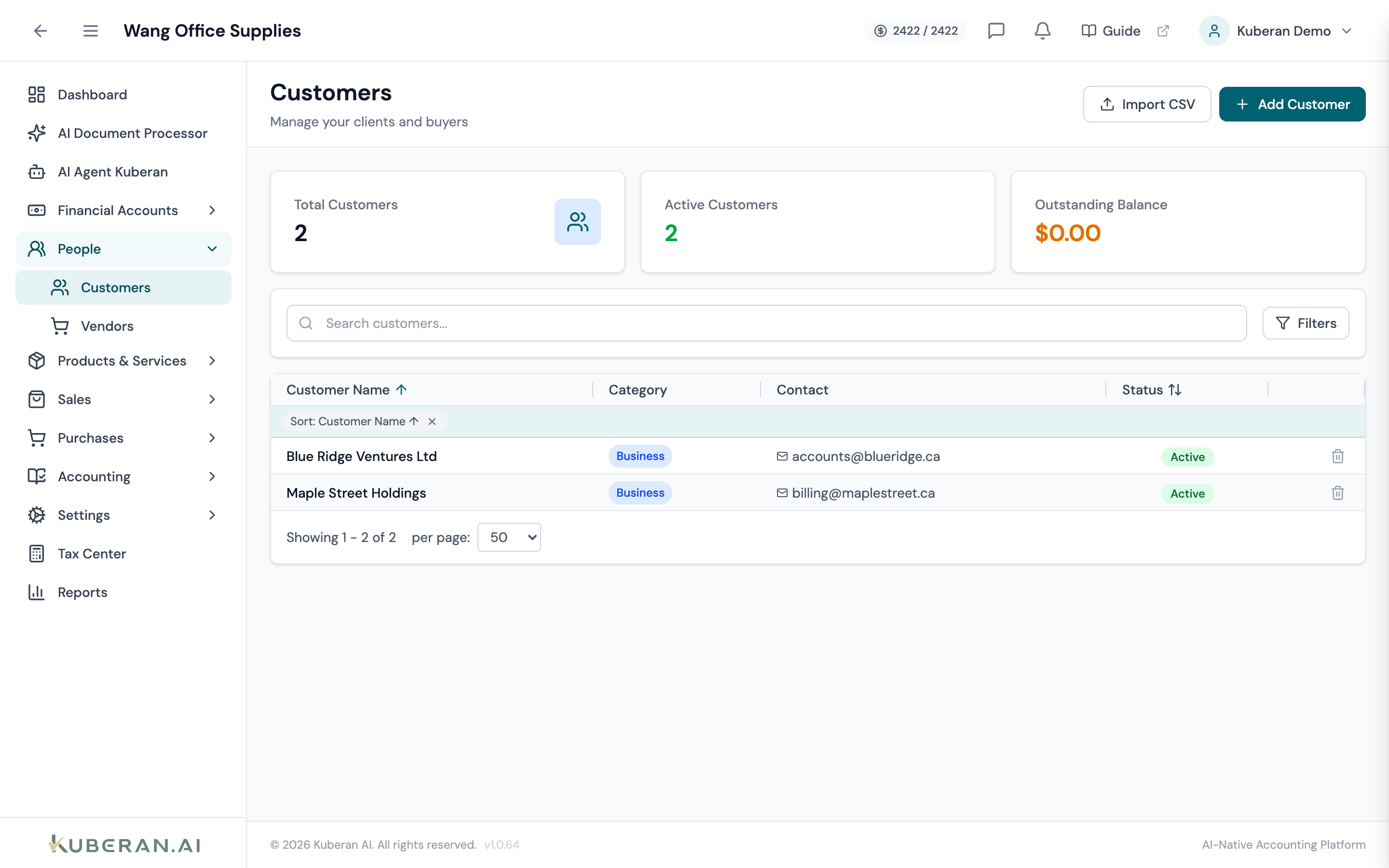 Customers list showing customer name, email, outstanding balance, and last invoice date columns
