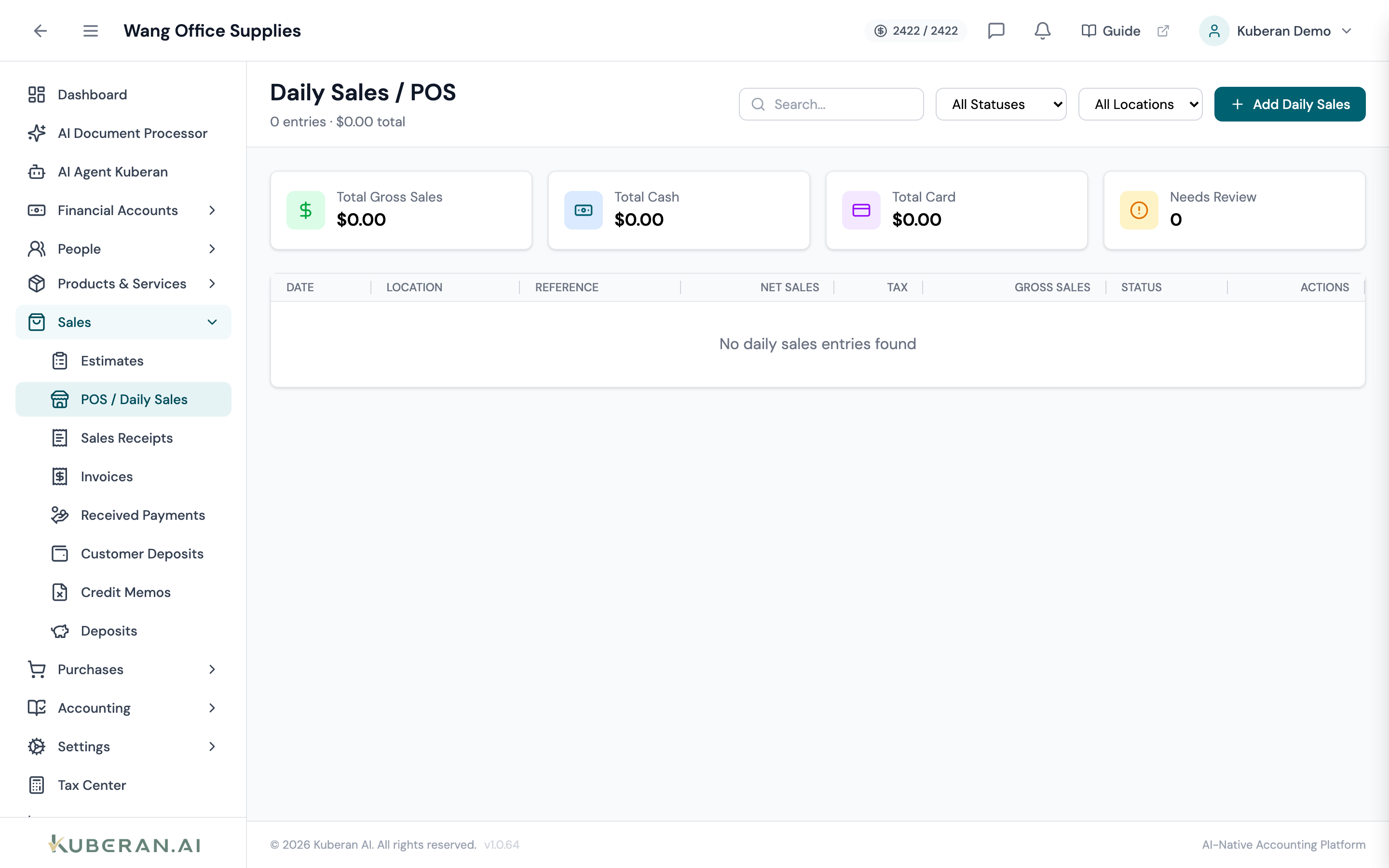 Daily Sales list showing date, location, reference, net sales, tax, gross sales, and status columns