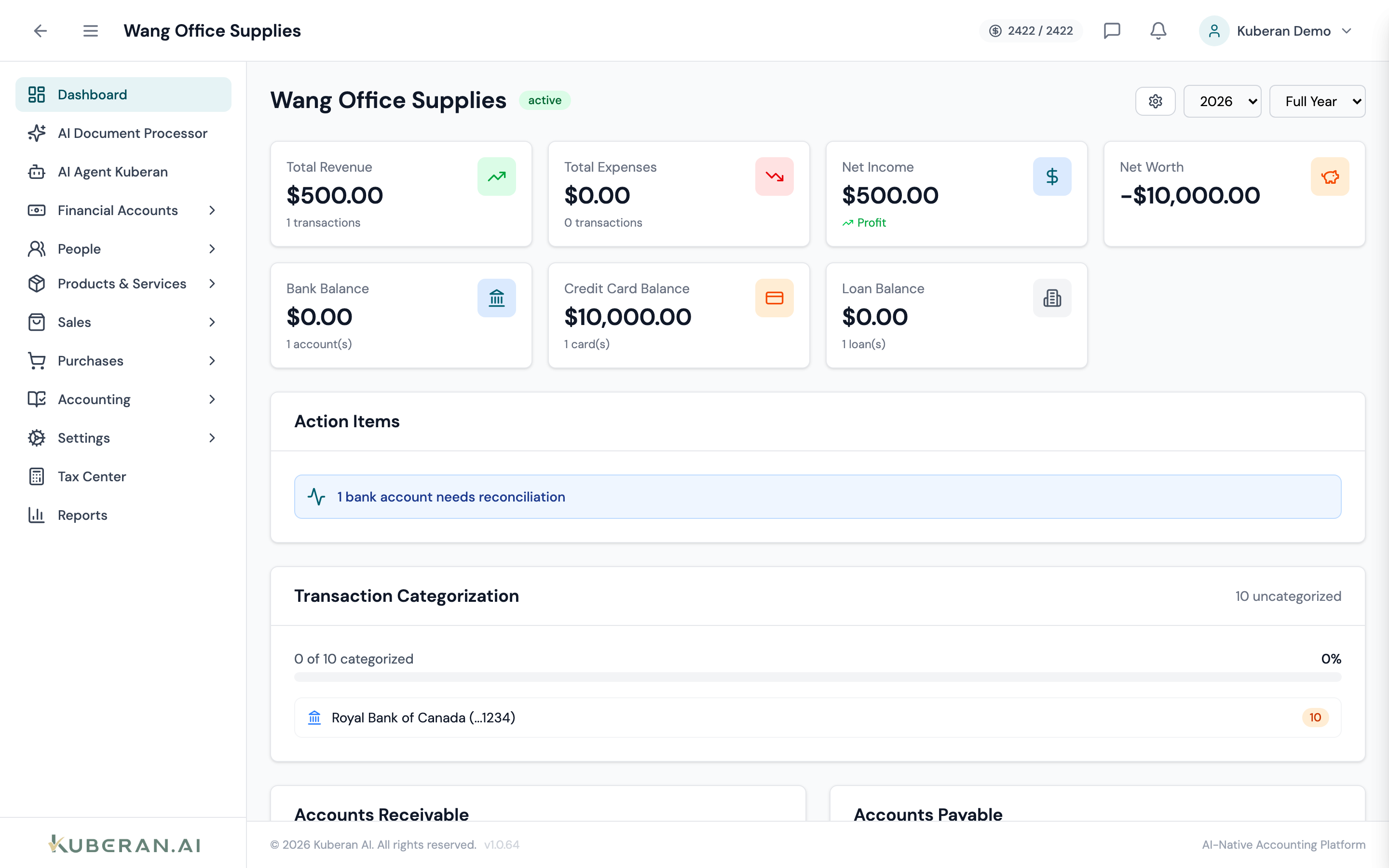 Client Books Dashboard showing P&L widget, bank balance cards, invoice summary, and recent transactions feed