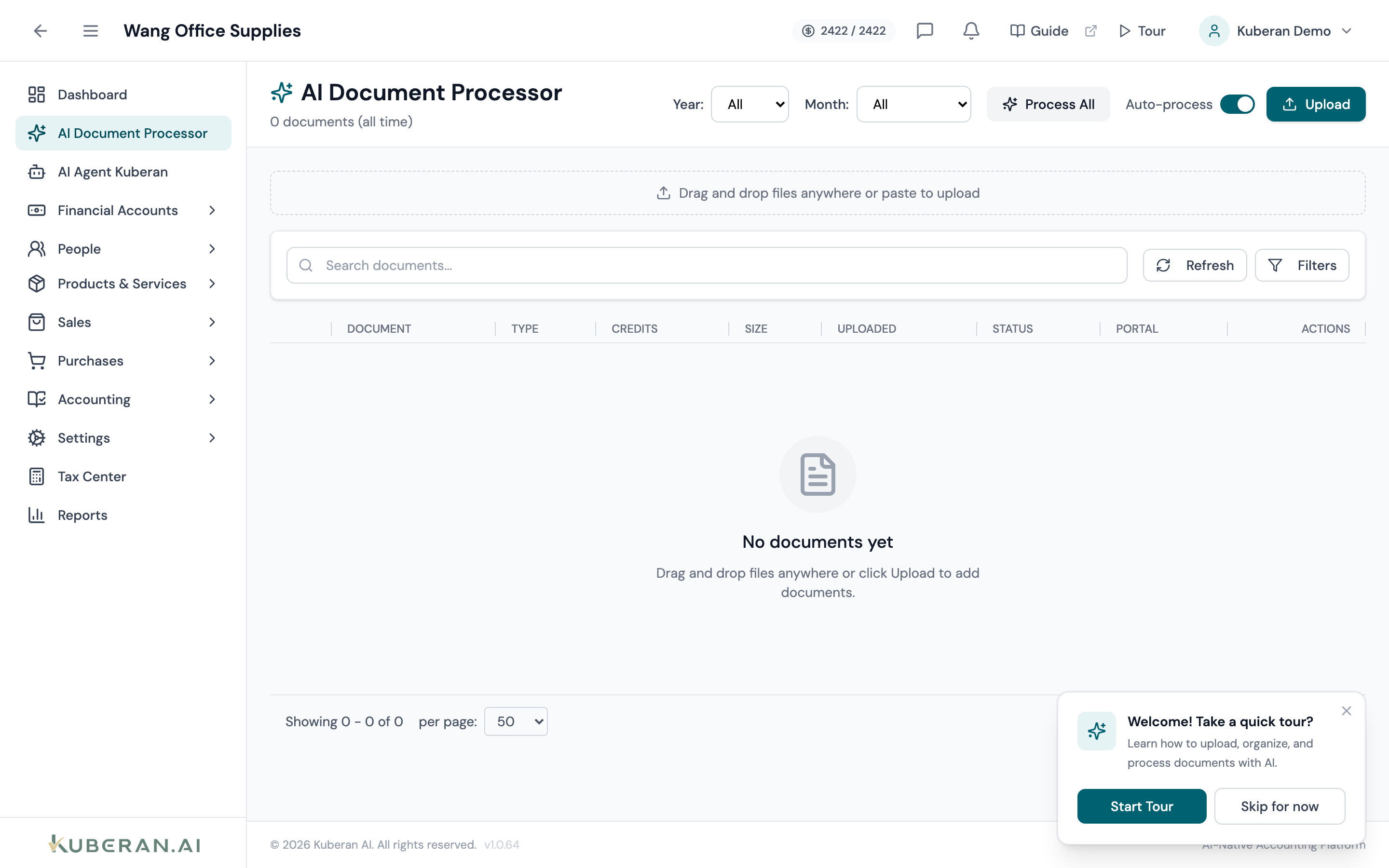 Documents screen showing folder tree on the left and document list with AI processor status on the right