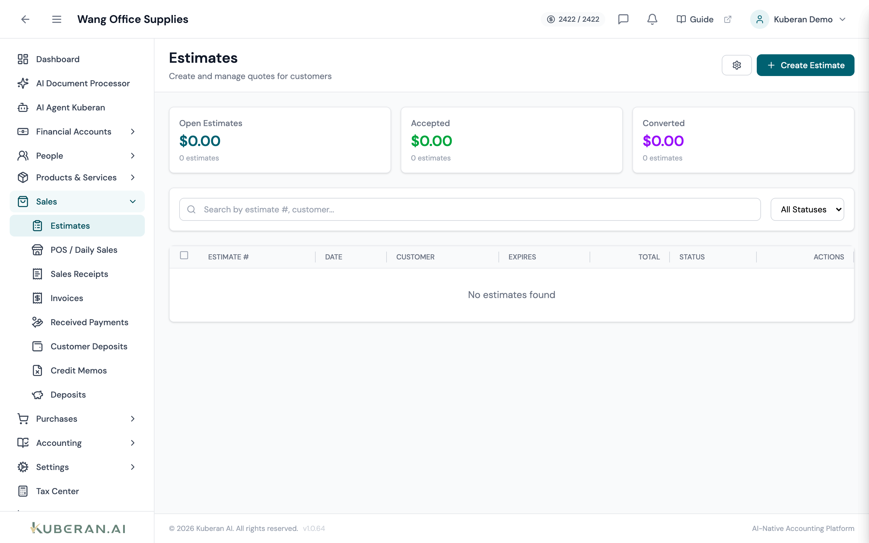 Estimates list showing estimate number, customer, issue date, expiry date, amount, and status columns