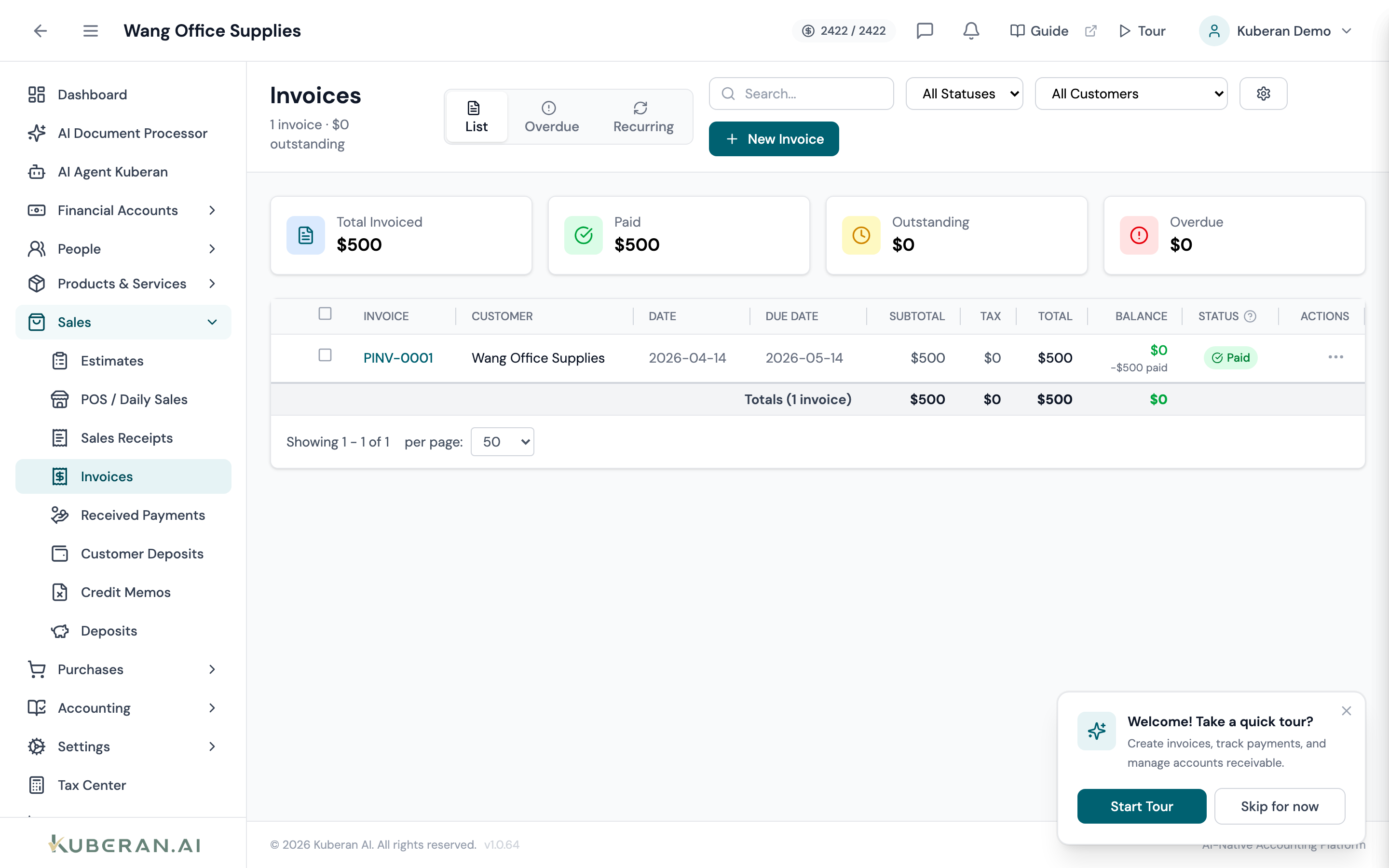 Invoices list showing invoice number, customer, date, due date, amount, and status columns