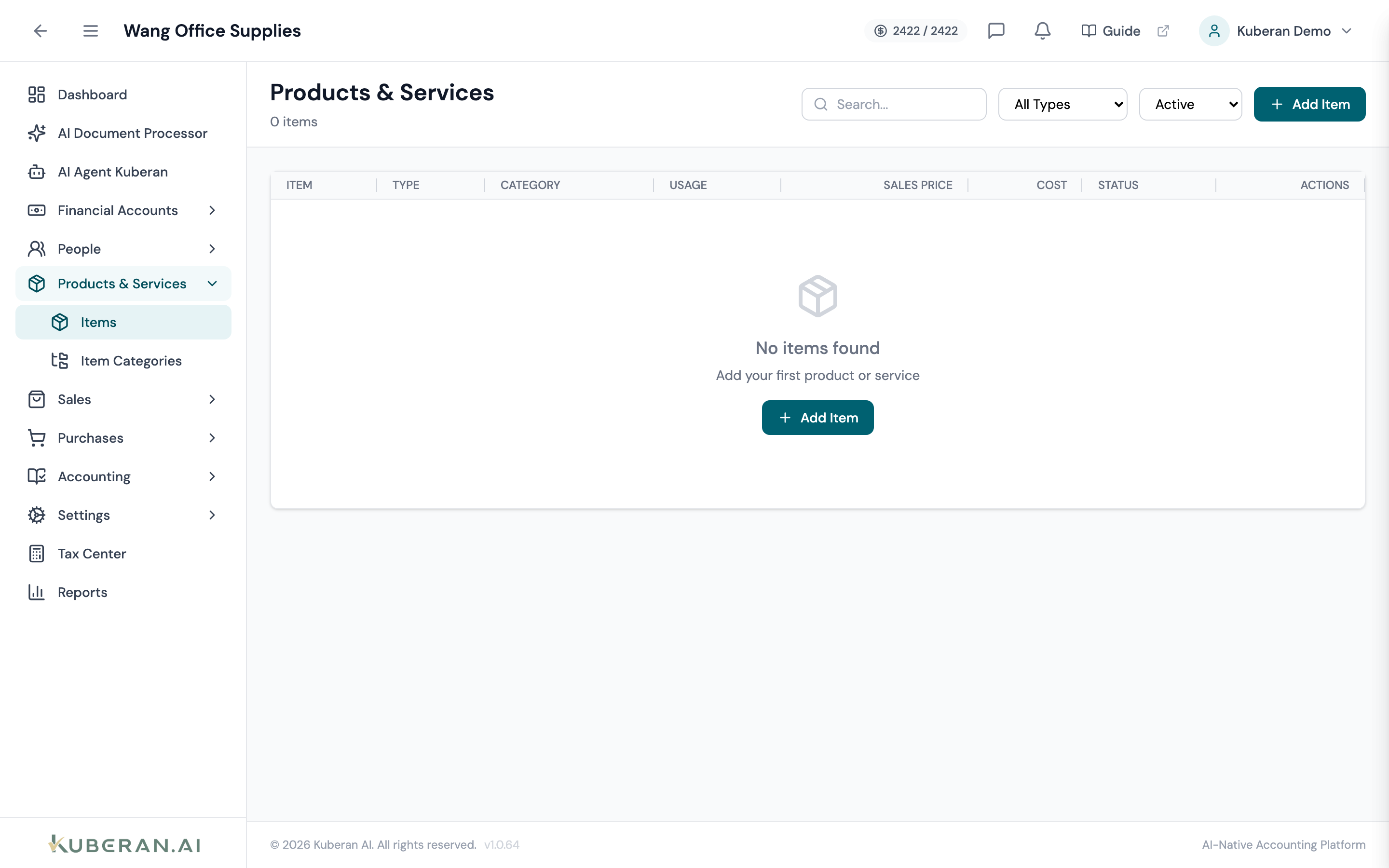 Items list showing item name, type badge, income account, price, tax code, and category columns