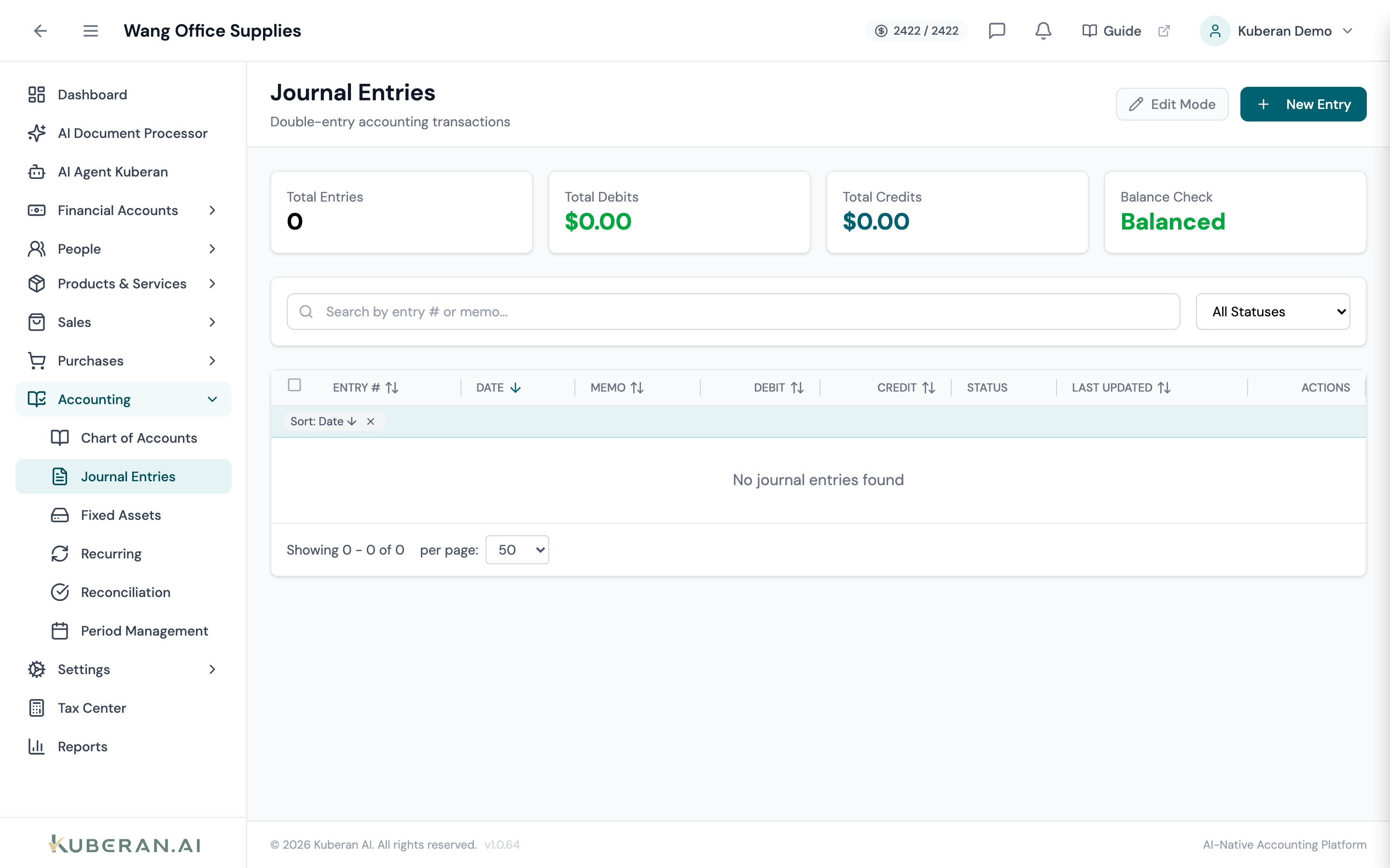 Journal Entries list showing date, entry number, description, debit total, credit total, and source columns