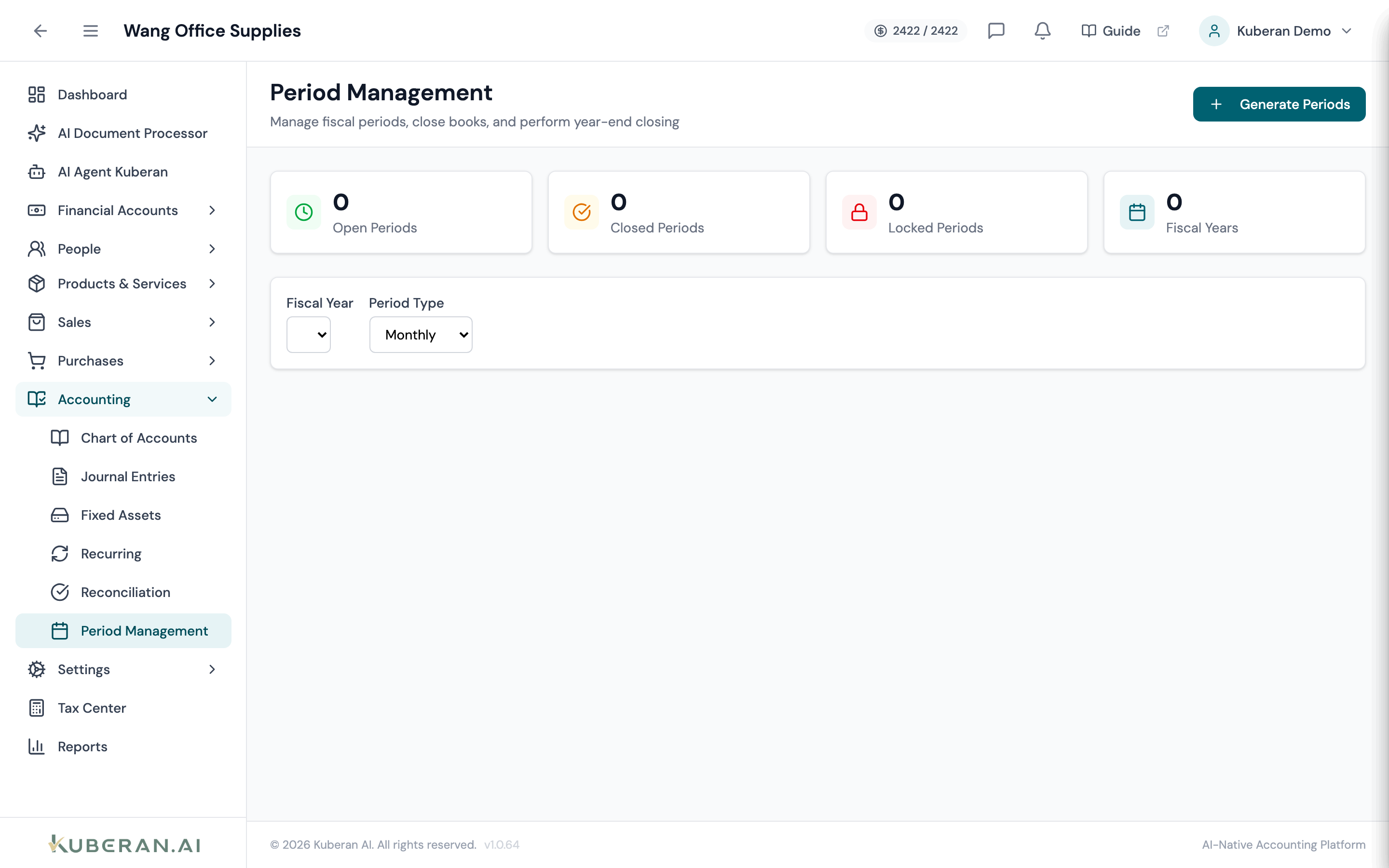 Periods list showing month, status badges, close date, and closed by columns with close/reopen action buttons