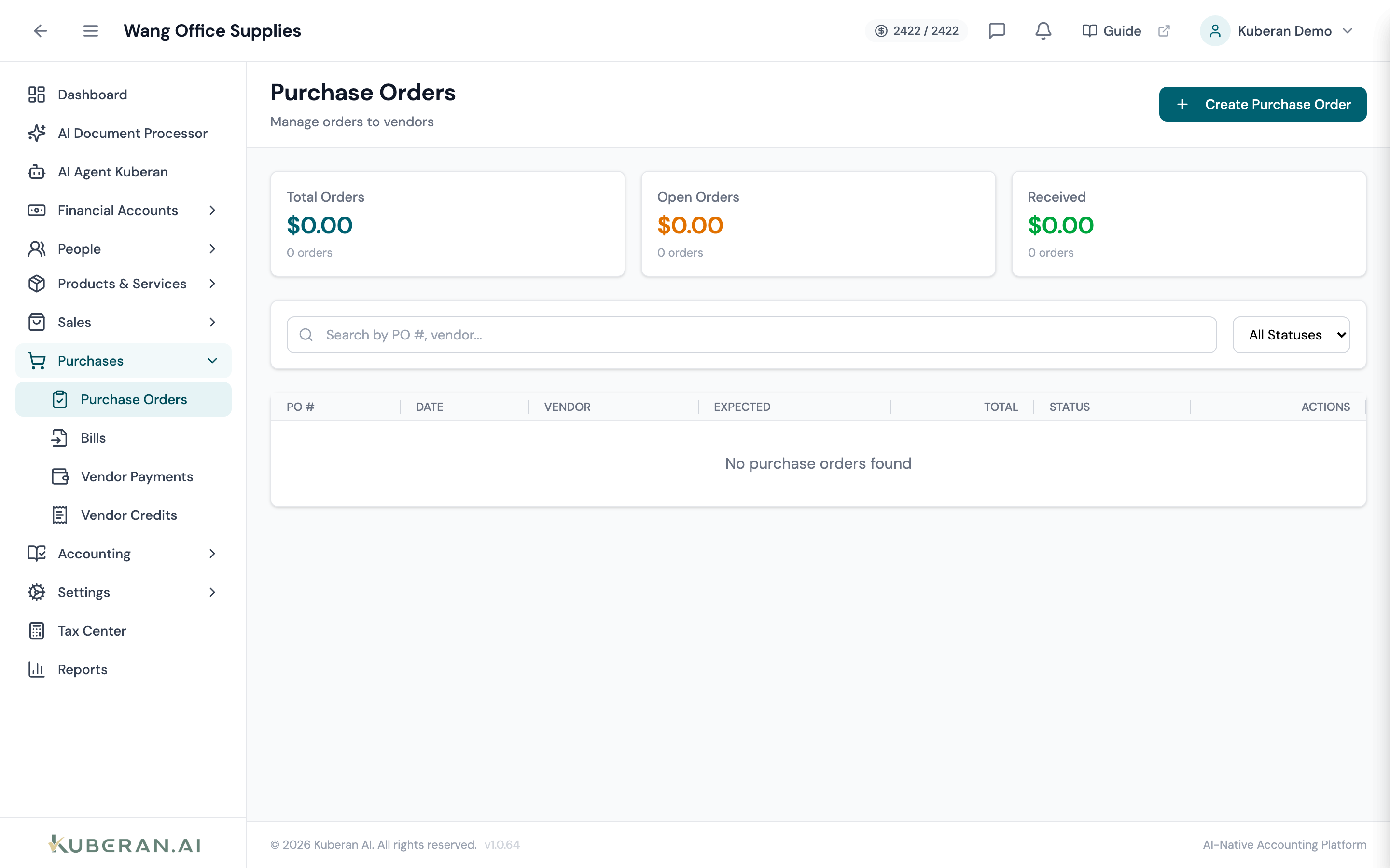 Purchase Orders list showing PO number, date, vendor, expected date, total, and status columns