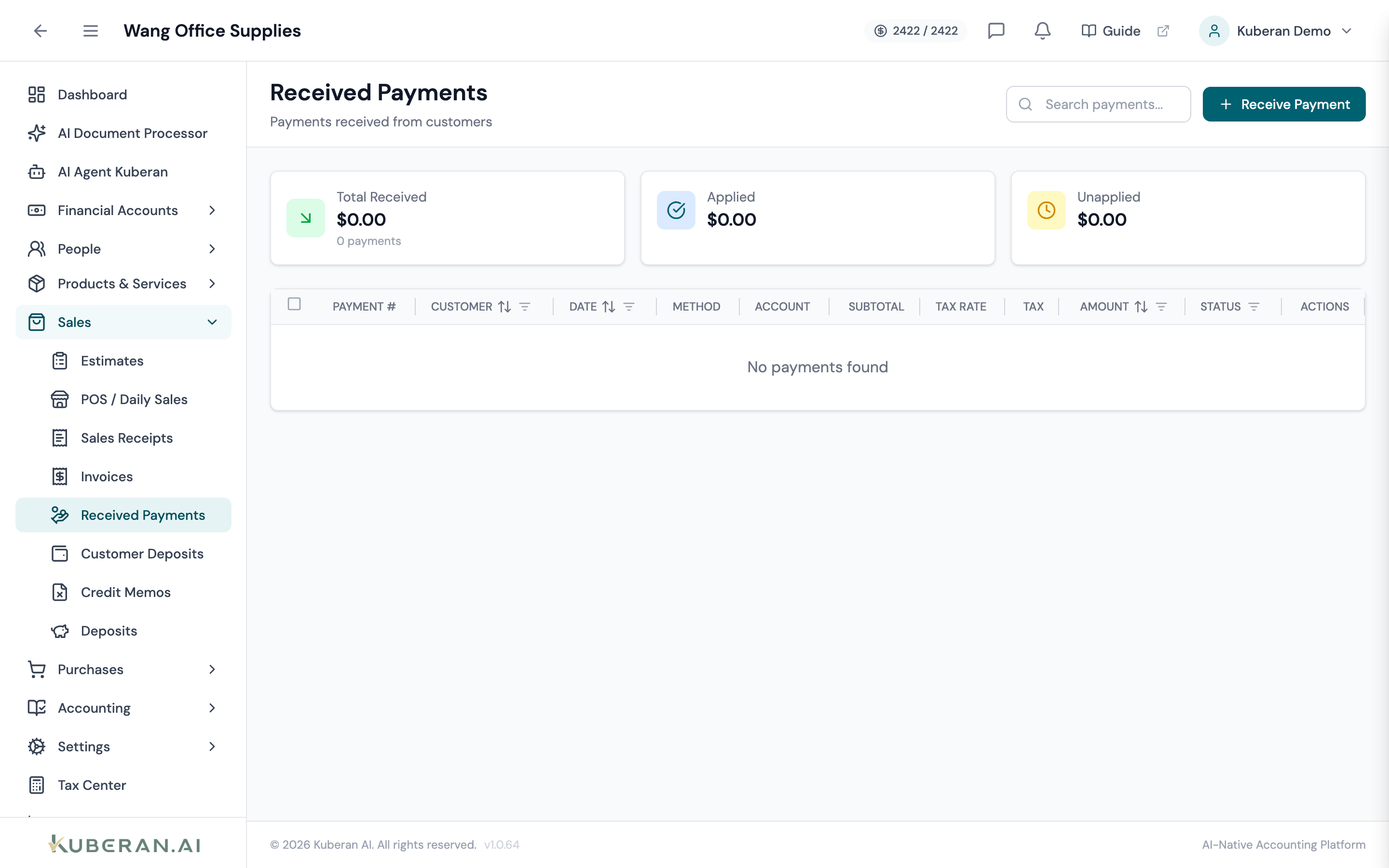 Received Payments list showing payment number, customer, date, method, account, amount, and status columns