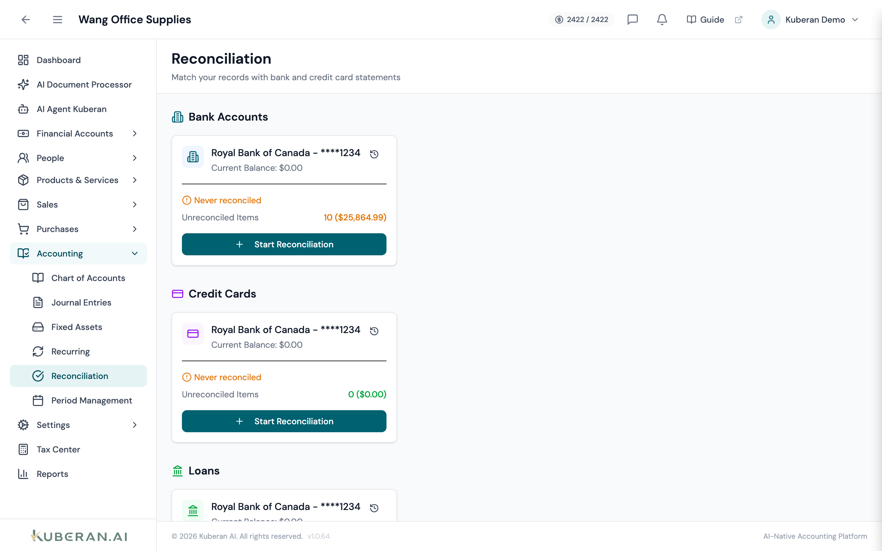 Reconciliation screen showing statement balance inputs at the top, transaction list in the centre, and running difference at the bottom