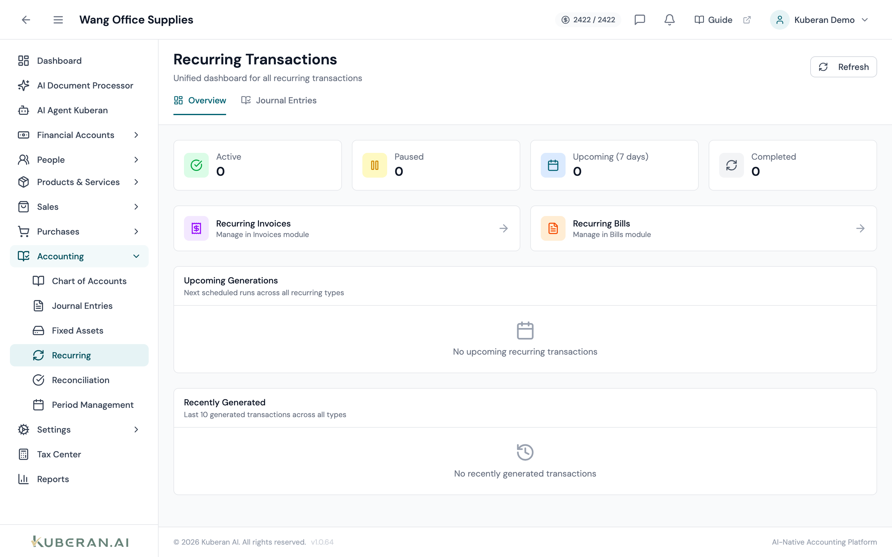 Recurring Transactions dashboard showing upcoming generations, recently generated, and journal-entry templates