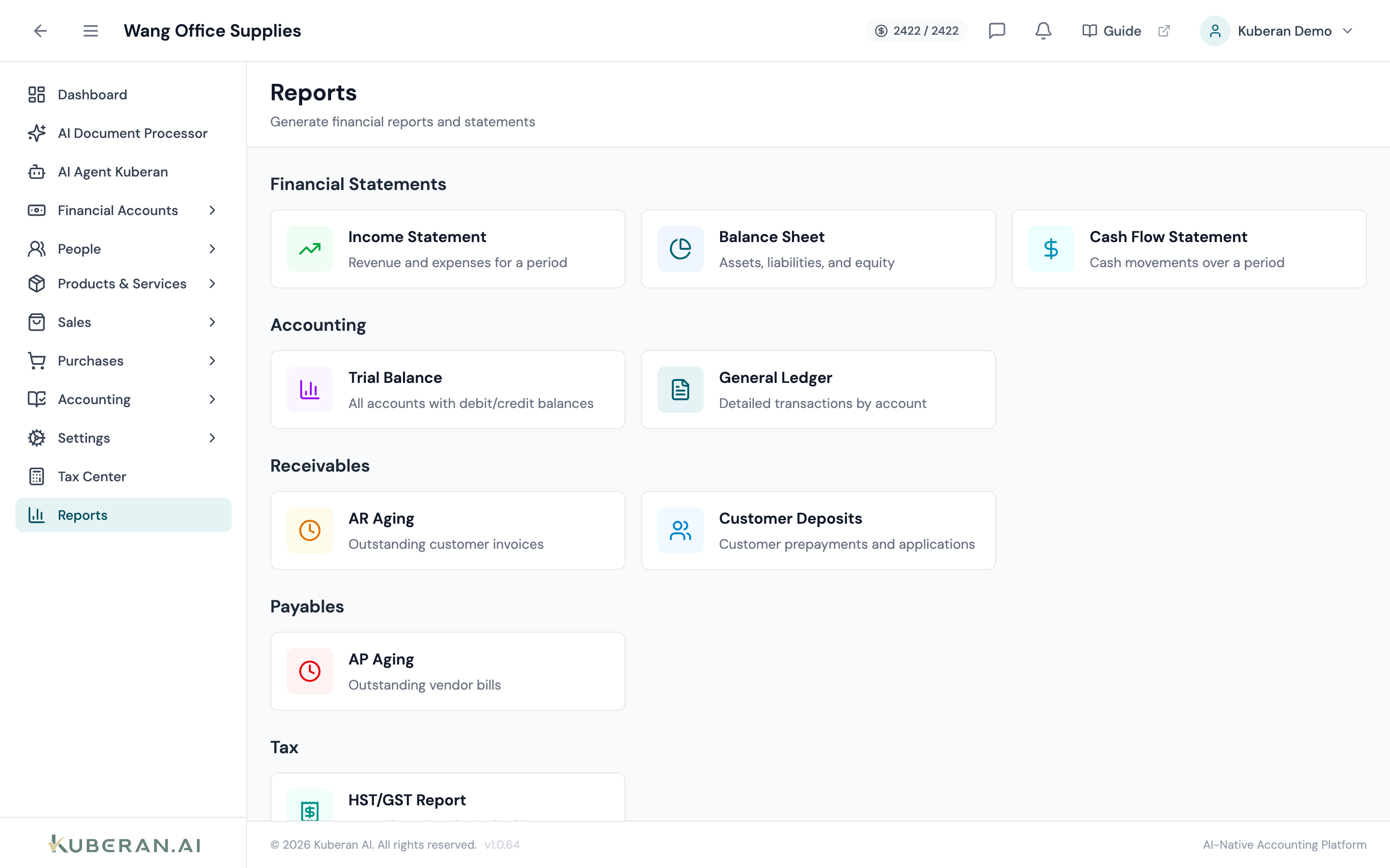 Reports screen showing report category sidebar and report configuration panel with date range and export controls