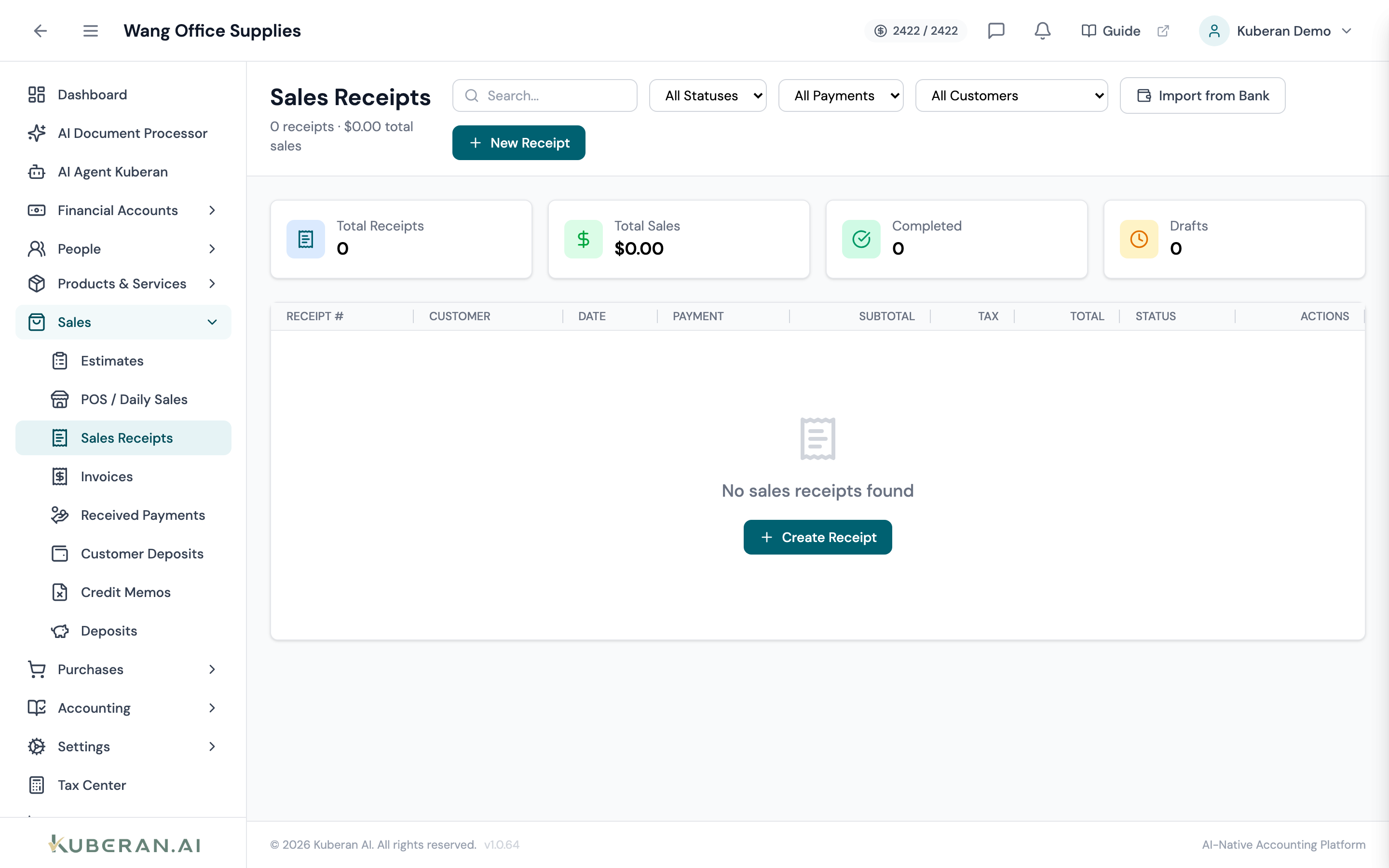 Sales Receipts list showing receipt number, customer, date, payment method, subtotal, tax, total, and status columns