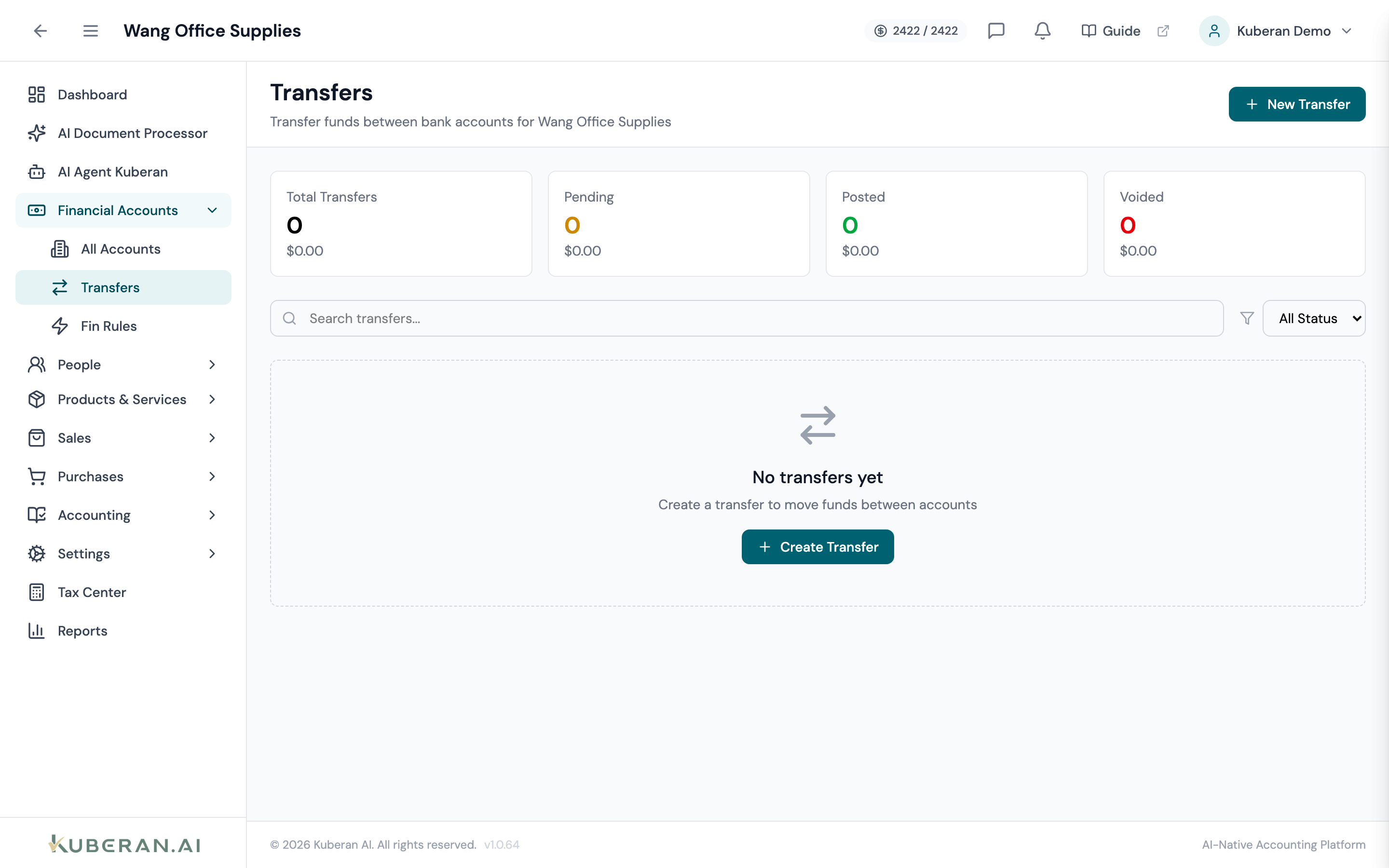 Transfers list showing transfer number, date, from account, to account, amount, and status columns