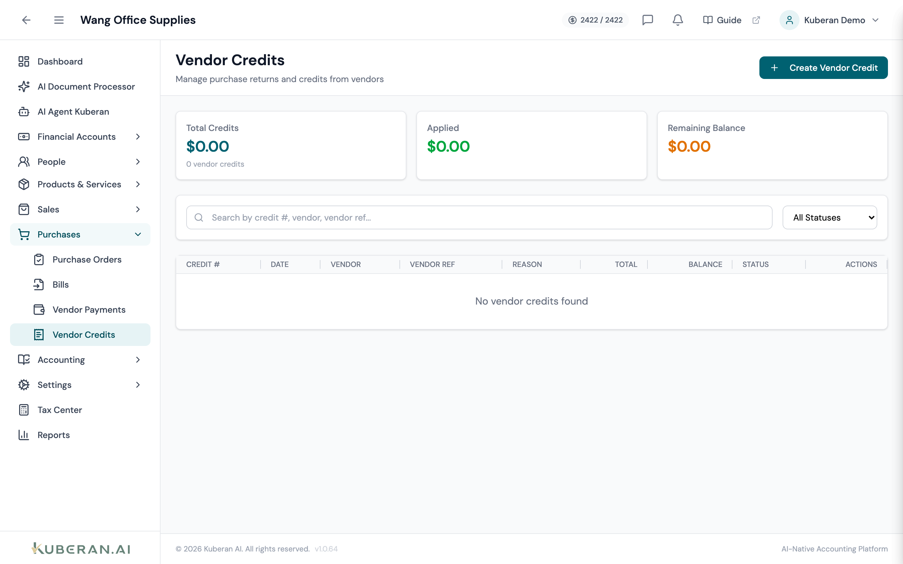 Vendor Credits list showing credit number, date, vendor, reference, reason, total, balance, and status columns