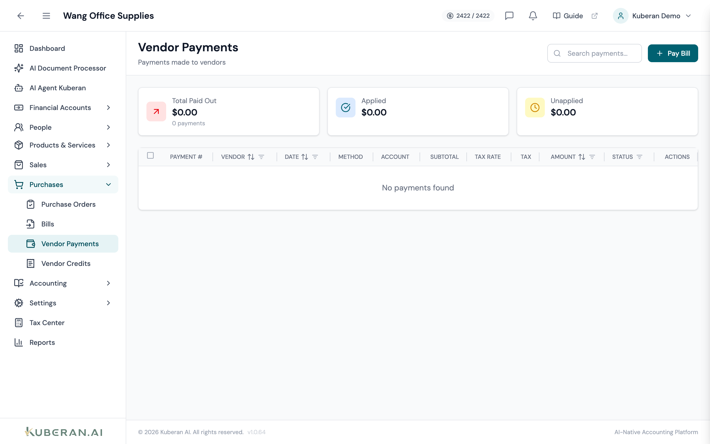 Vendor Payments list showing payment number, vendor, date, method, account, amount, and status columns