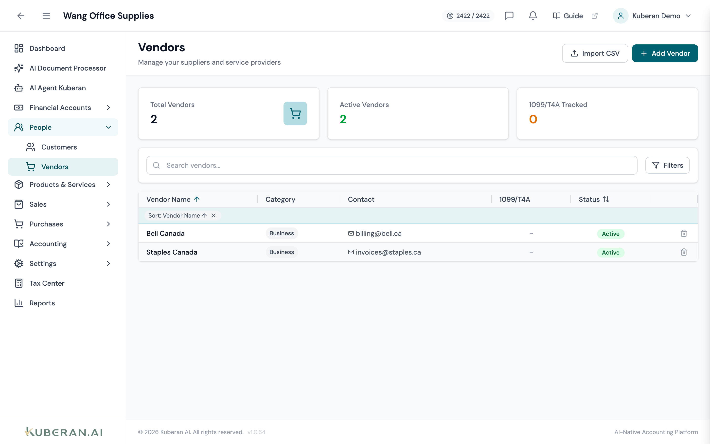 Vendors list showing vendor name, type, outstanding balance, and last transaction date columns