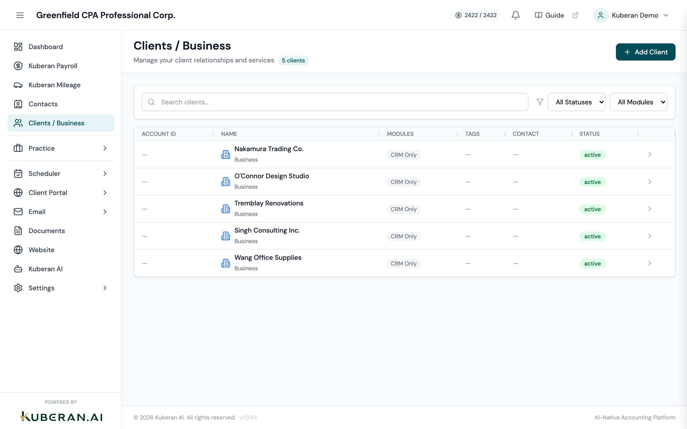 Clients list showing business name, type, status, and module indicators