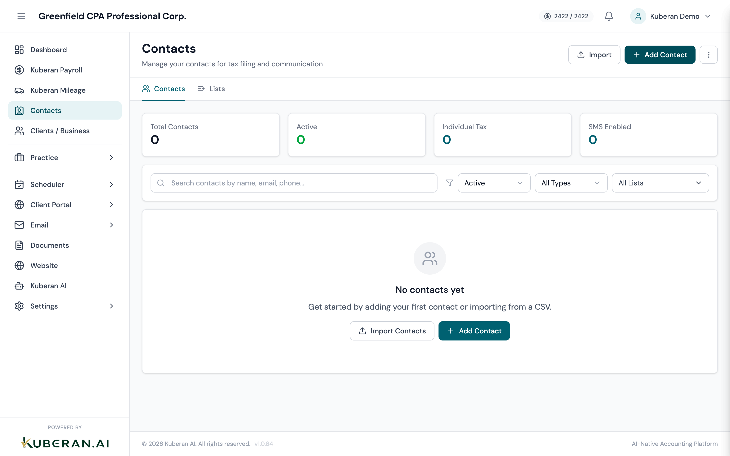 Contacts list showing name, type, email, phone, linked clients, and tags columns