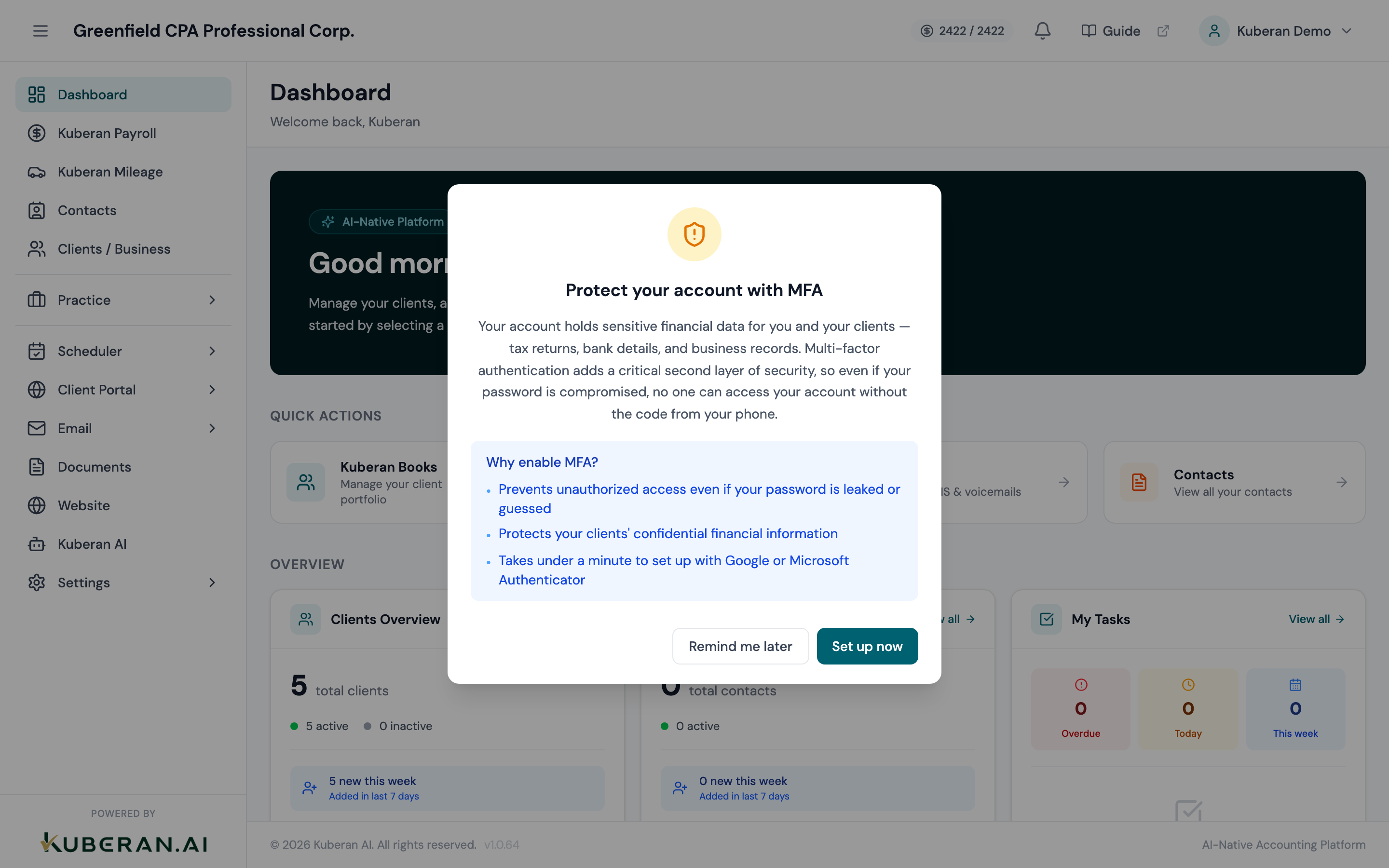 Kuberan AI dashboard overview