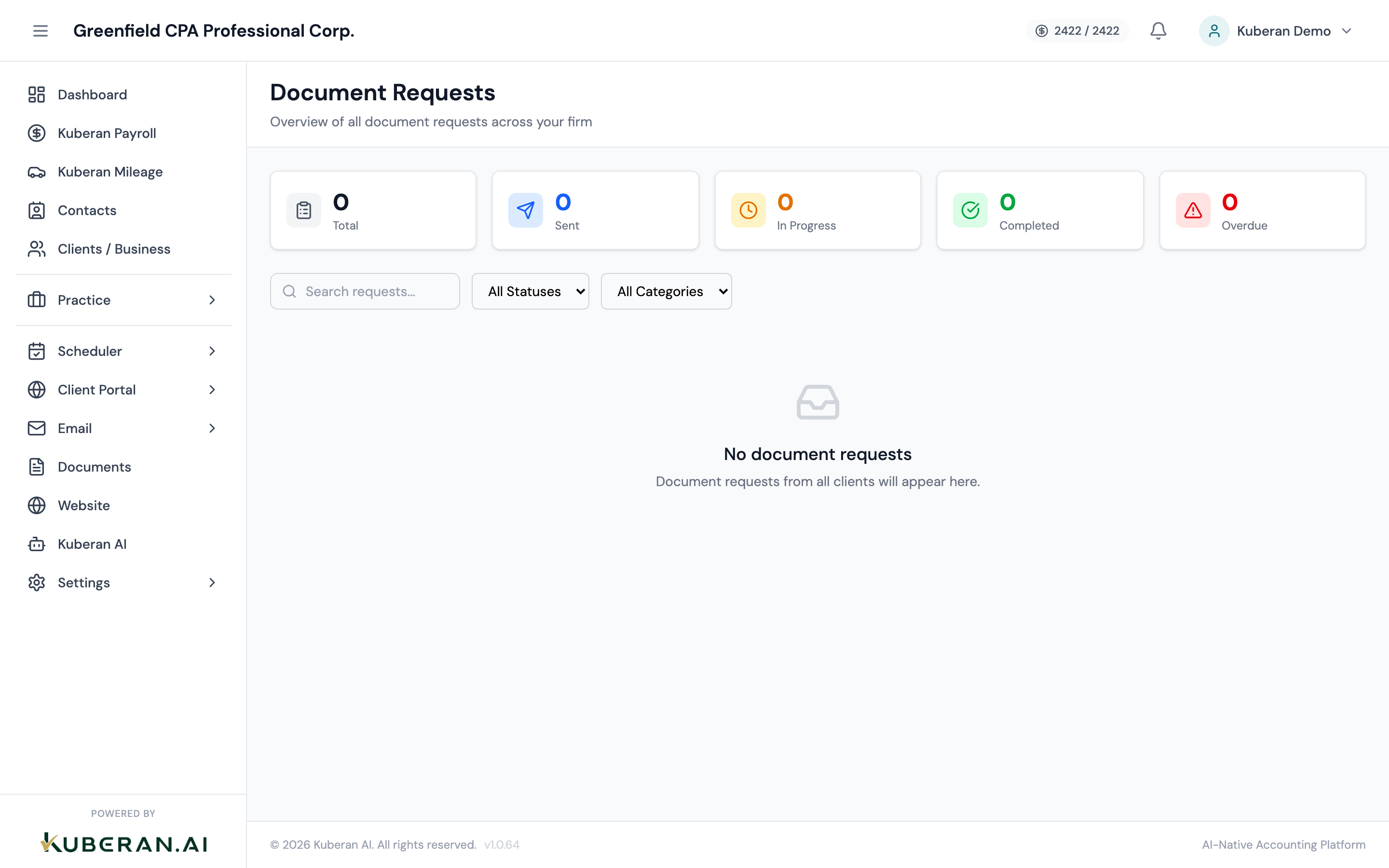 Document Requests list showing client name, status, due date, and document count