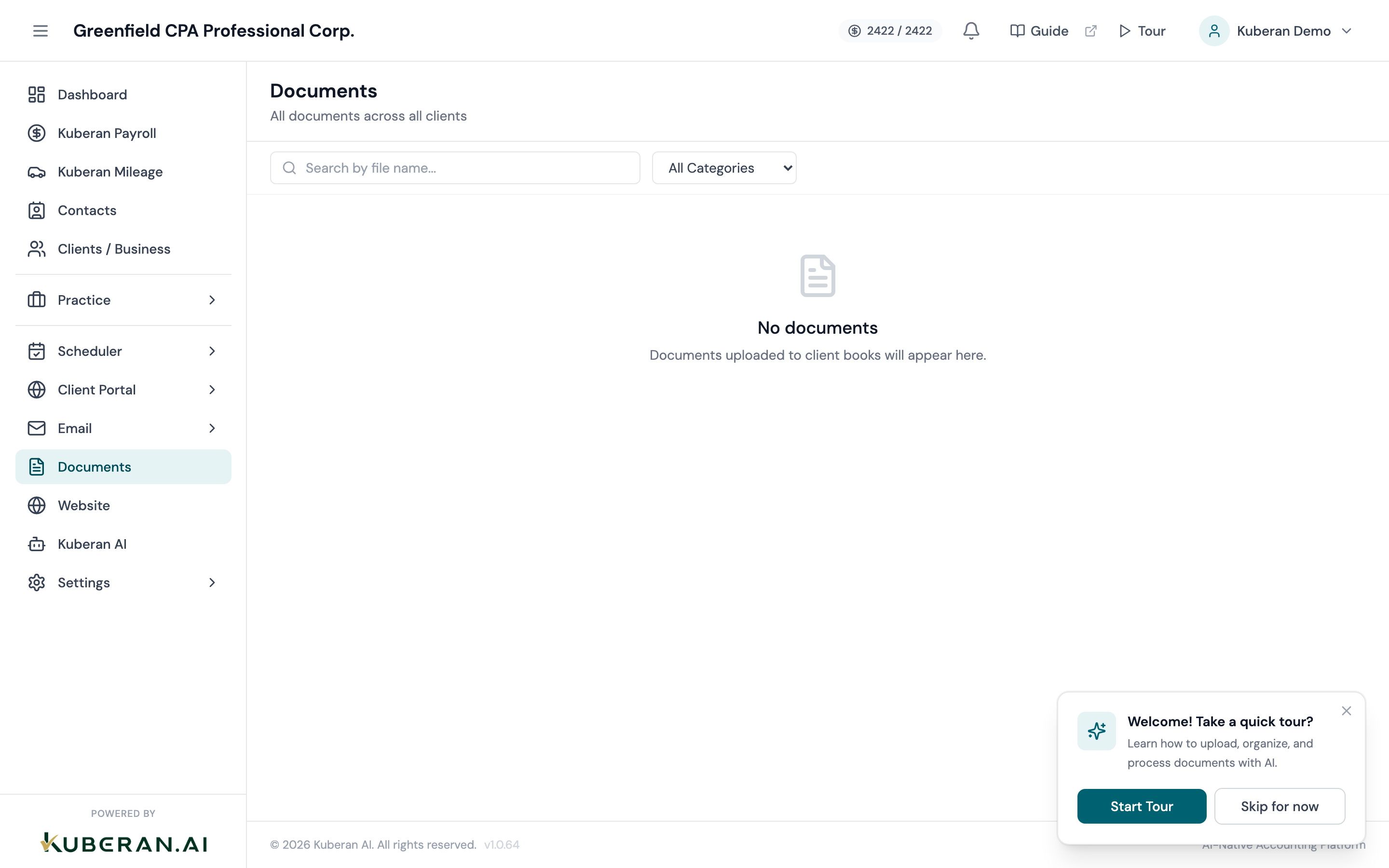 Documents screen with folder tree on the left and file list on the right
