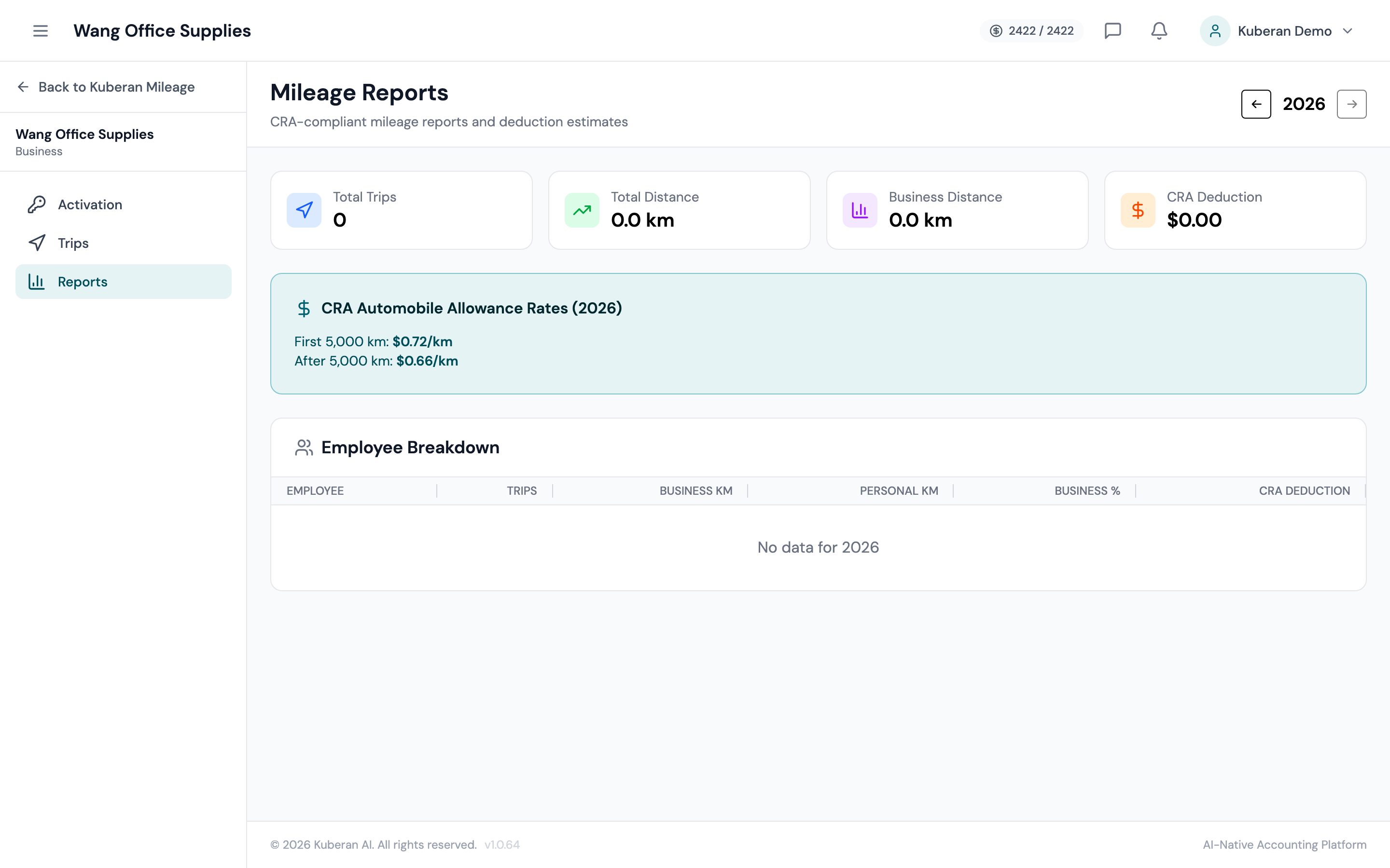 Mileage Reports screen with date range controls, summary totals, vehicle breakdown table, and export buttons
