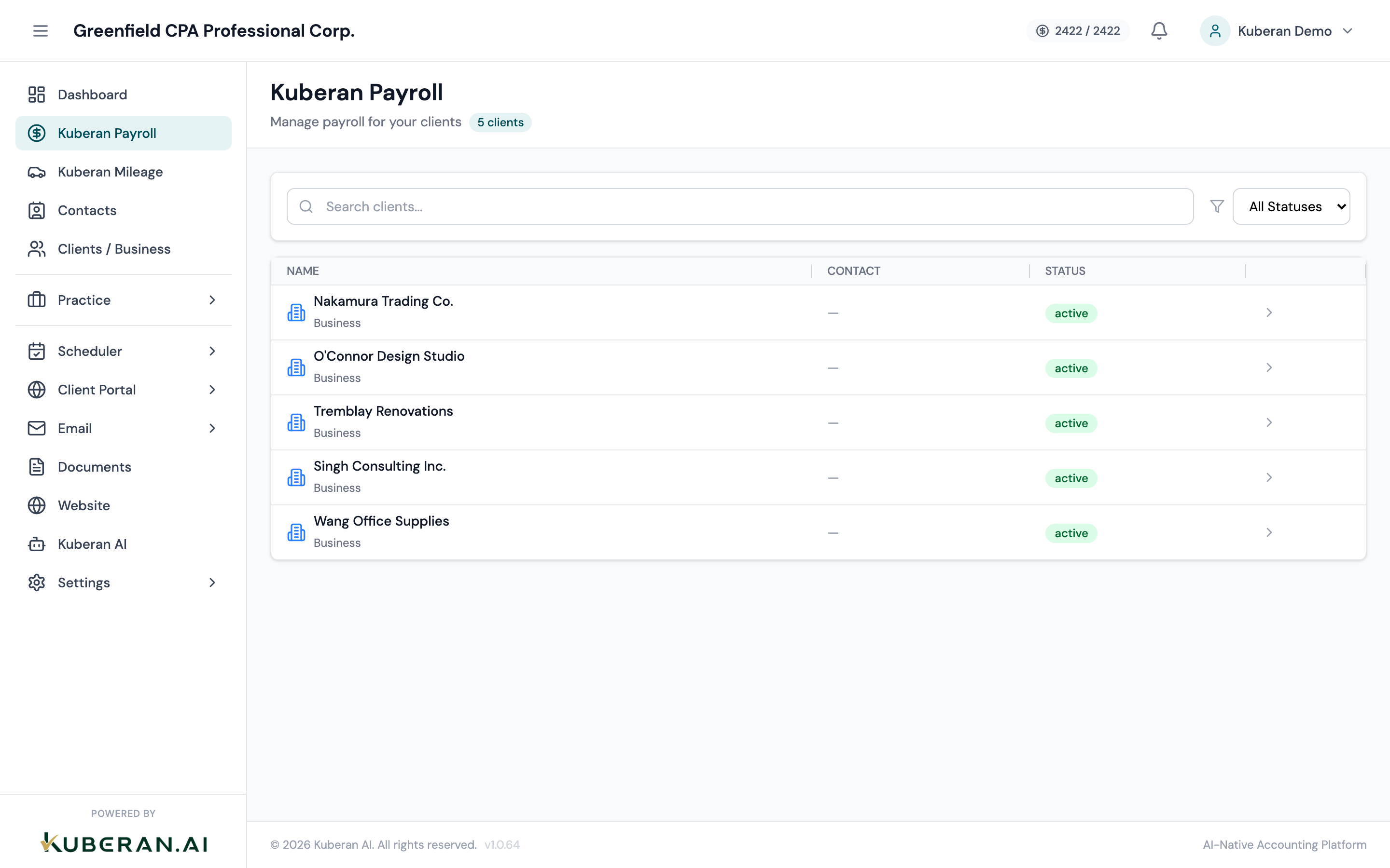 Payroll client list showing search bar, filter controls, and client rows