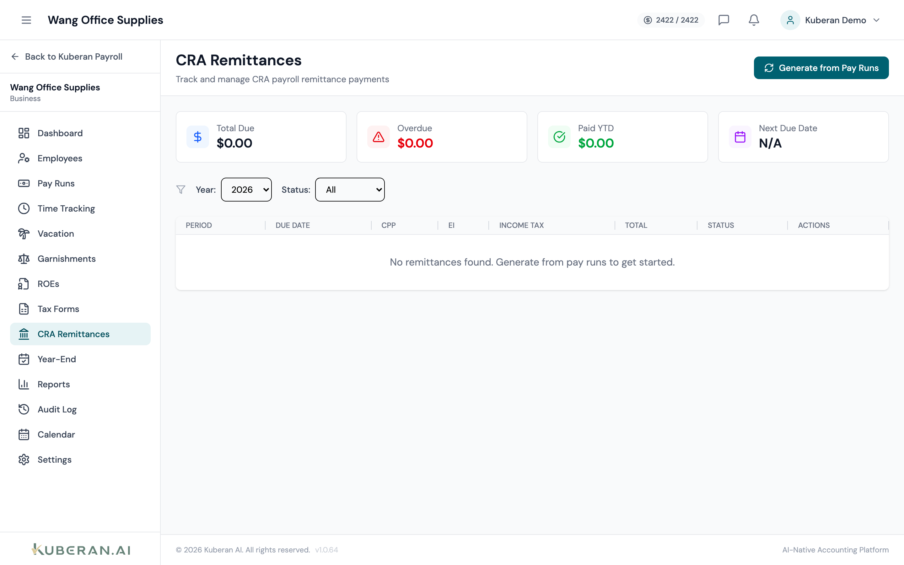 CRA Remittances table showing period, CPP, EI, income tax, total owing, and status columns