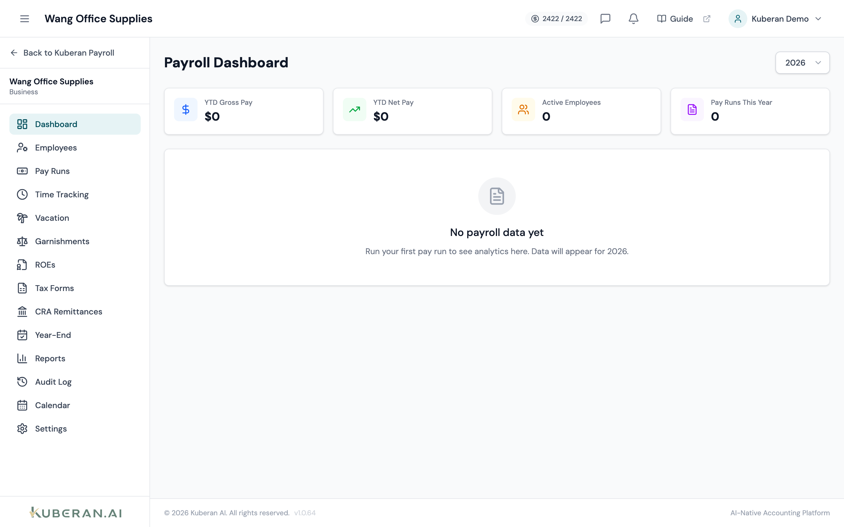 Payroll Dashboard showing summary cards and quick action buttons