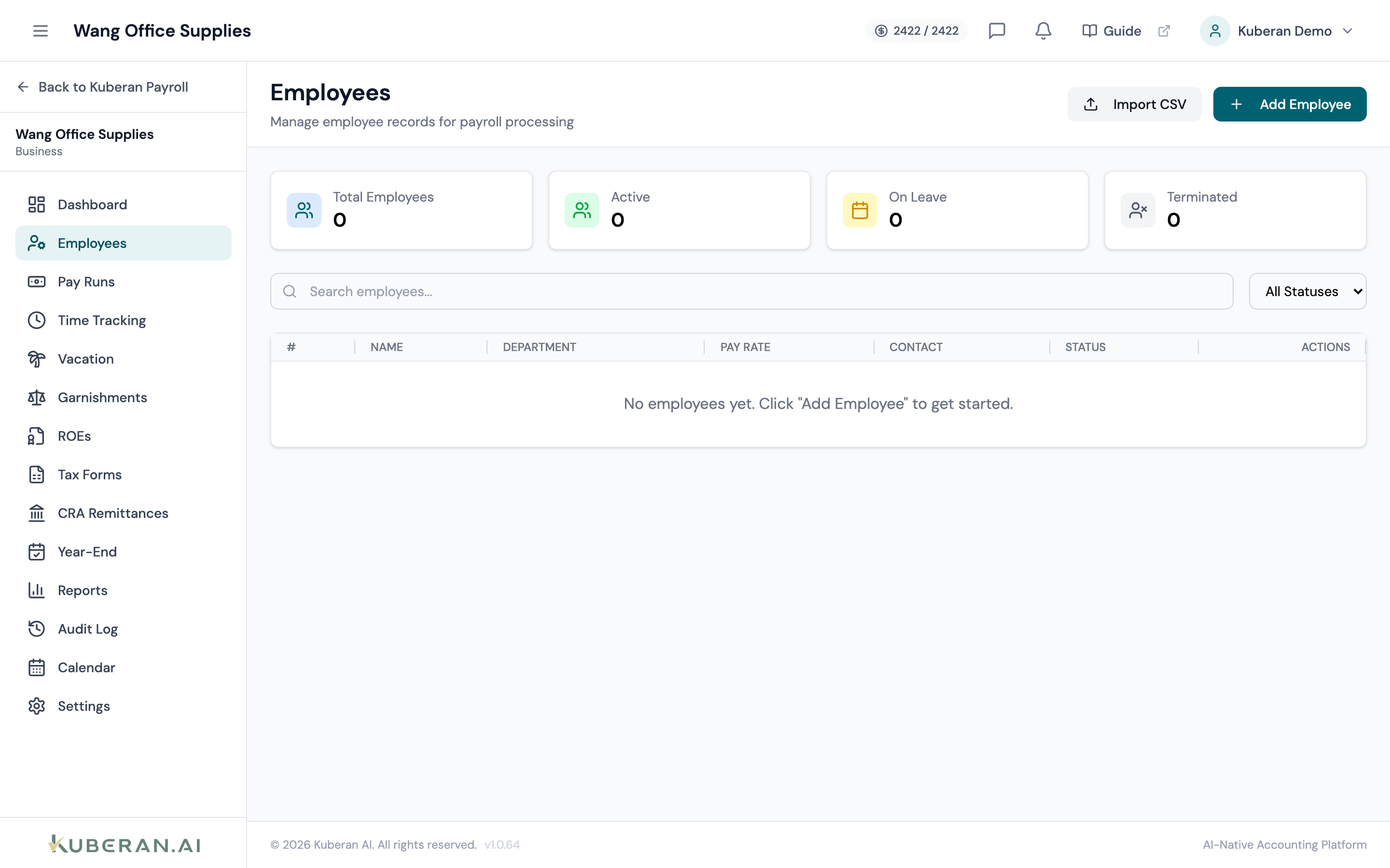 Employee list showing name, status, pay type, province, and masked SIN columns