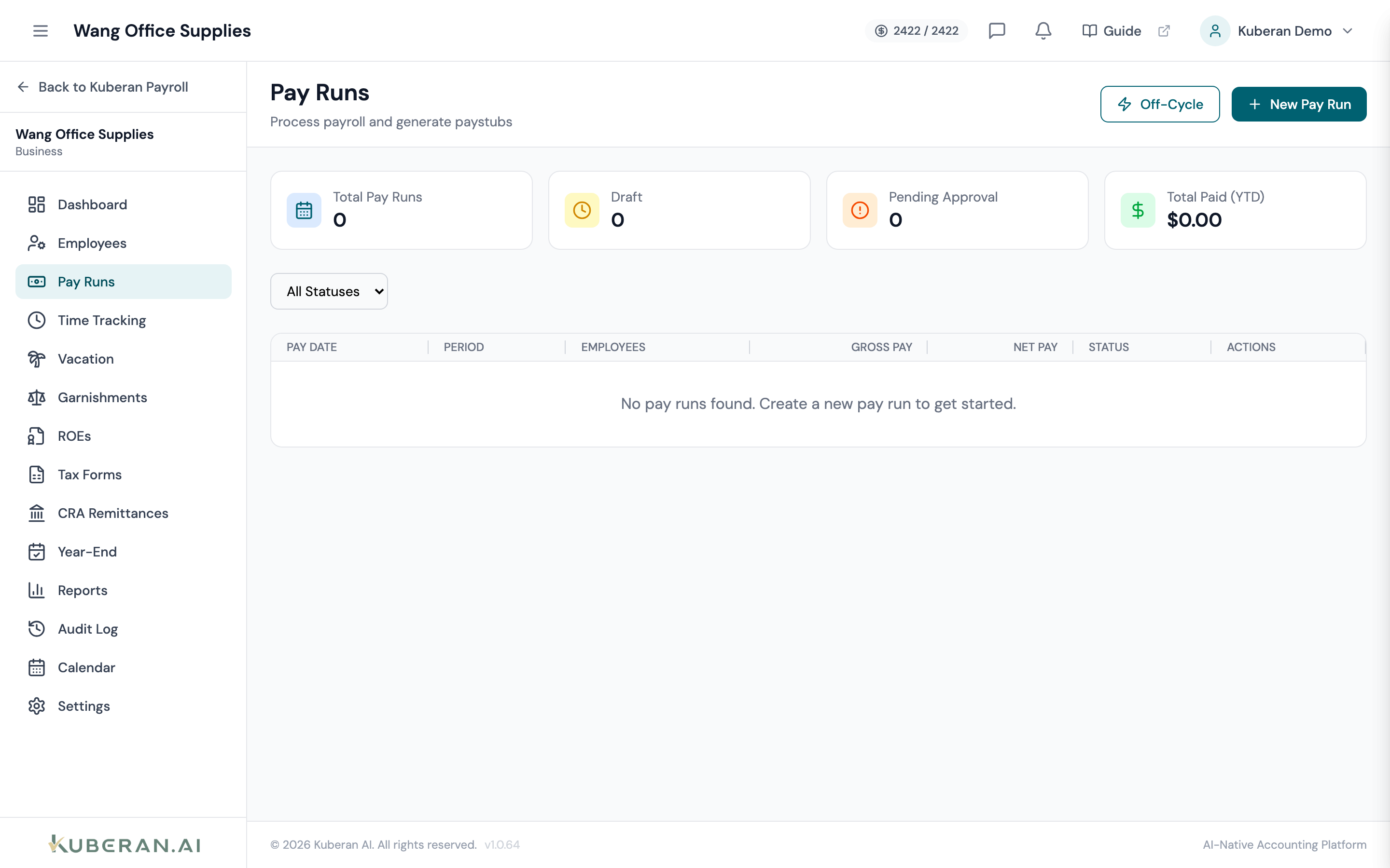 Pay Runs list showing pay period, status badges, gross and net totals, and action buttons