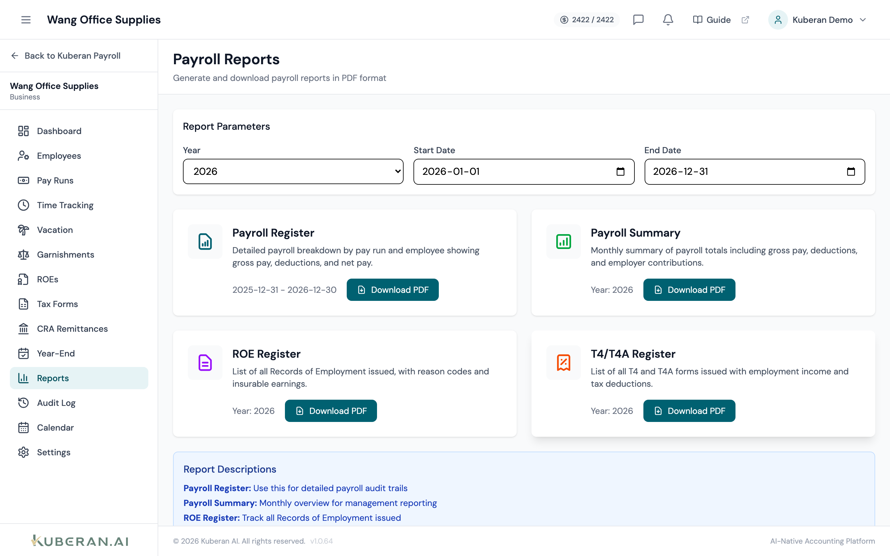 Payroll Reports screen showing the four report cards with filter and export options