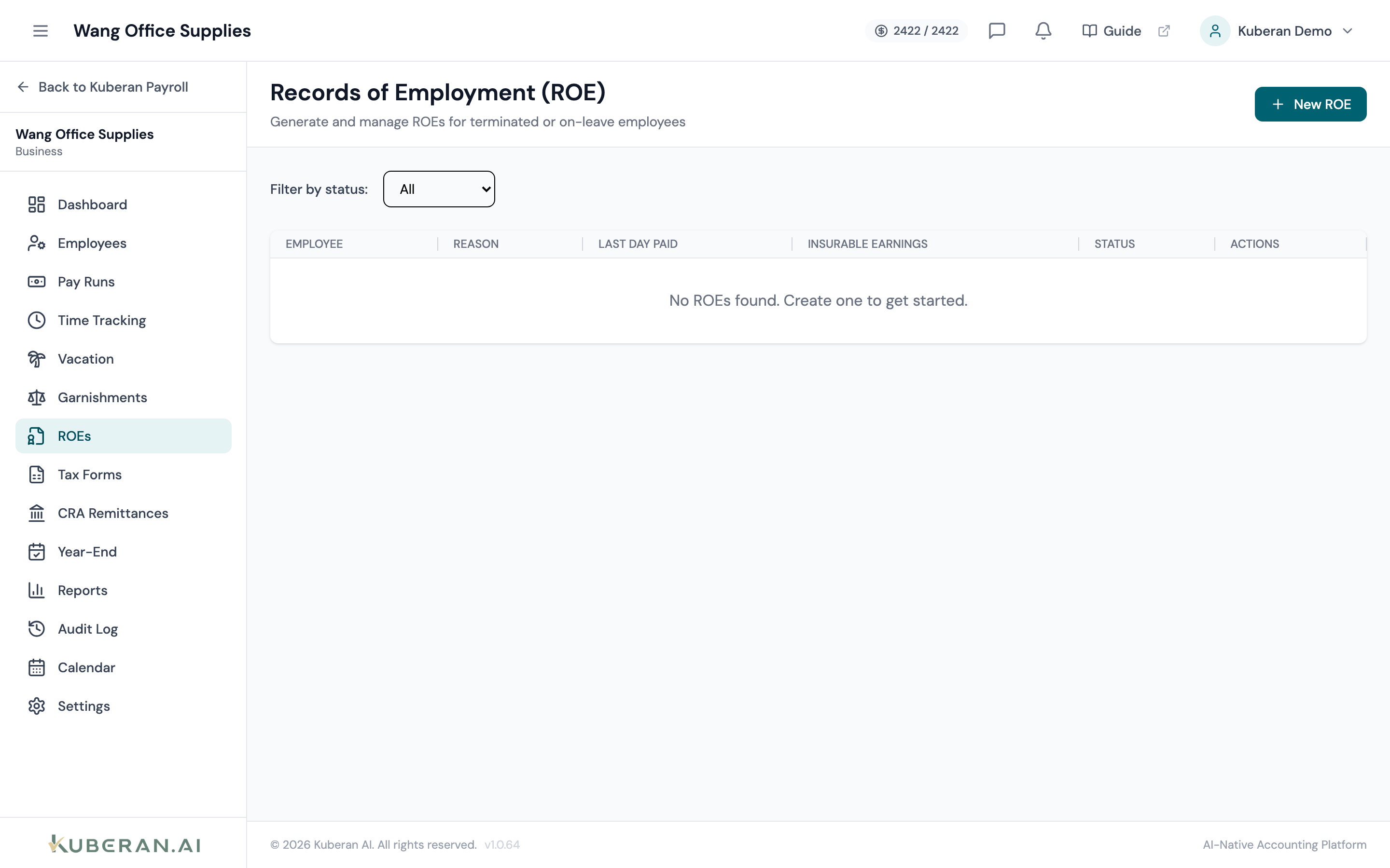 ROE list showing employee name, reason for separation, first day worked, last day worked, and status