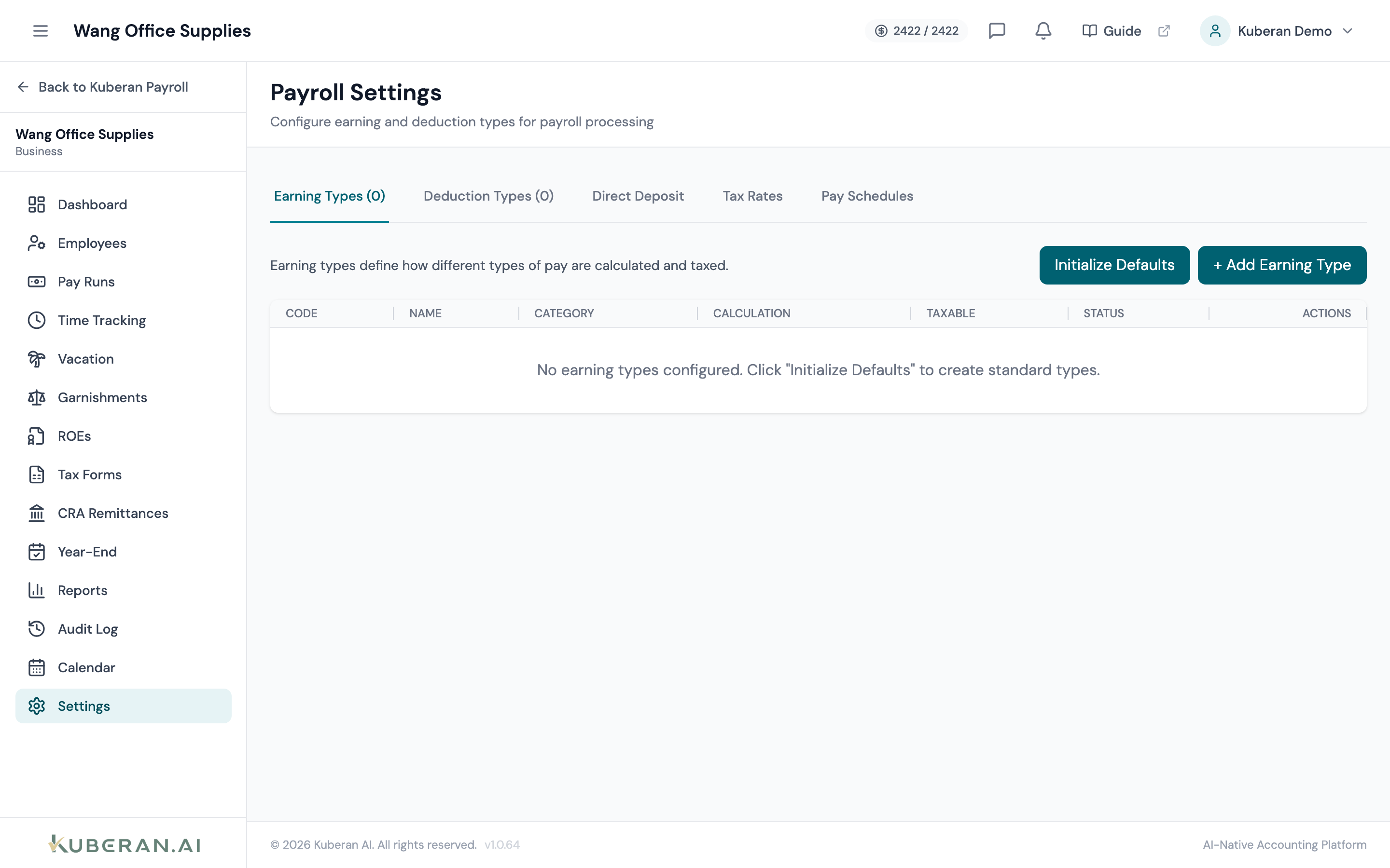 Payroll Settings screen with tabs for General, Pay Schedules, Bank Account, and Deductions
