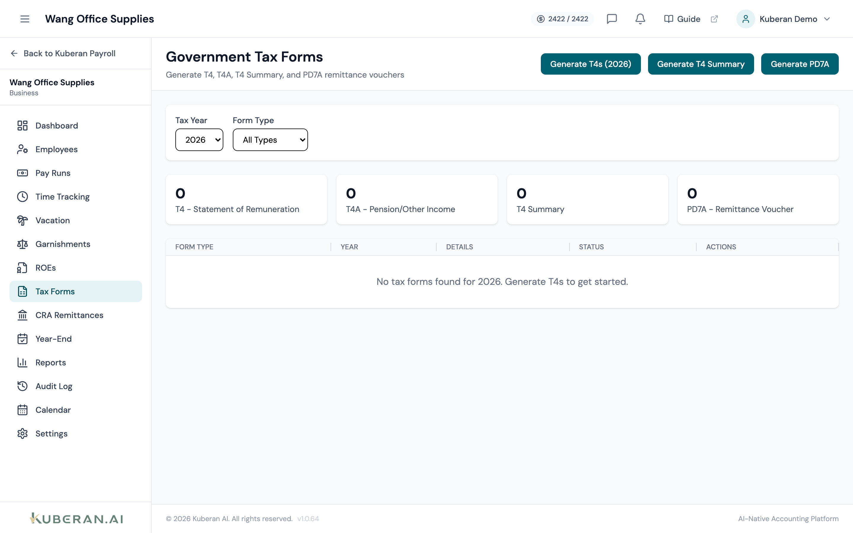 T4 slip list showing employee name, tax year, status badges, and action buttons