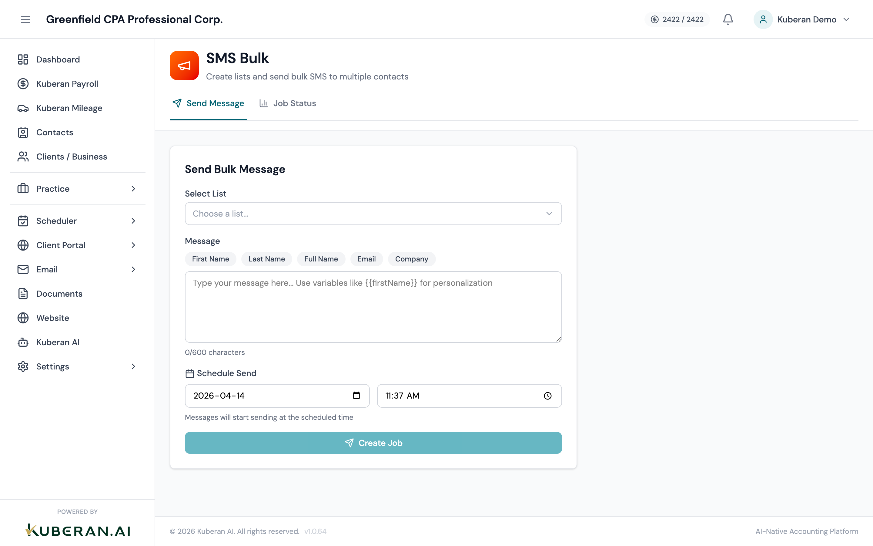Bulk SMS Campaigns list showing campaign name, status, recipient count, sent date, and actions