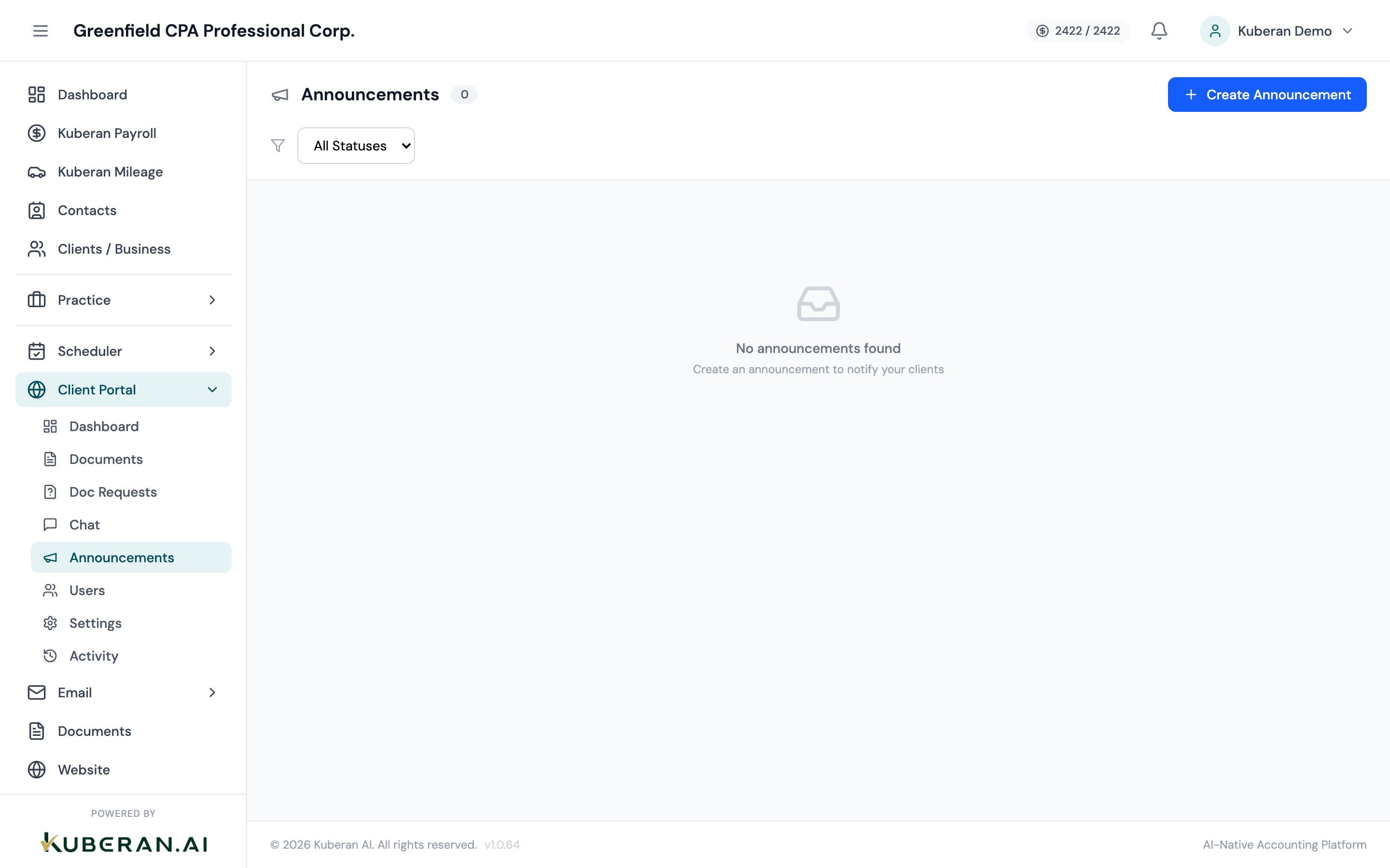 Announcements list showing title, target audience, publish status, and date range