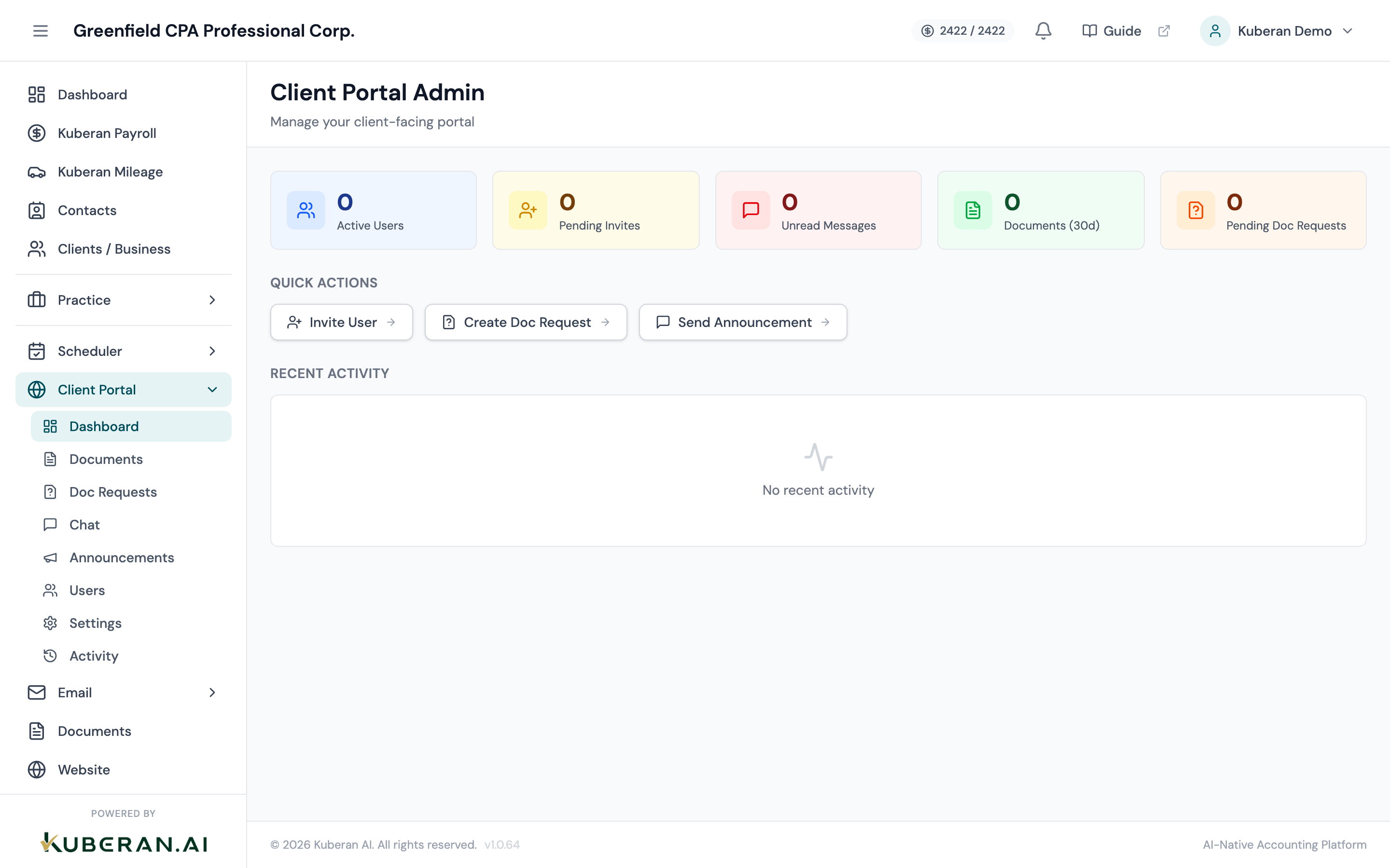 Portal Admin Dashboard showing four summary cards and a recent activity feed