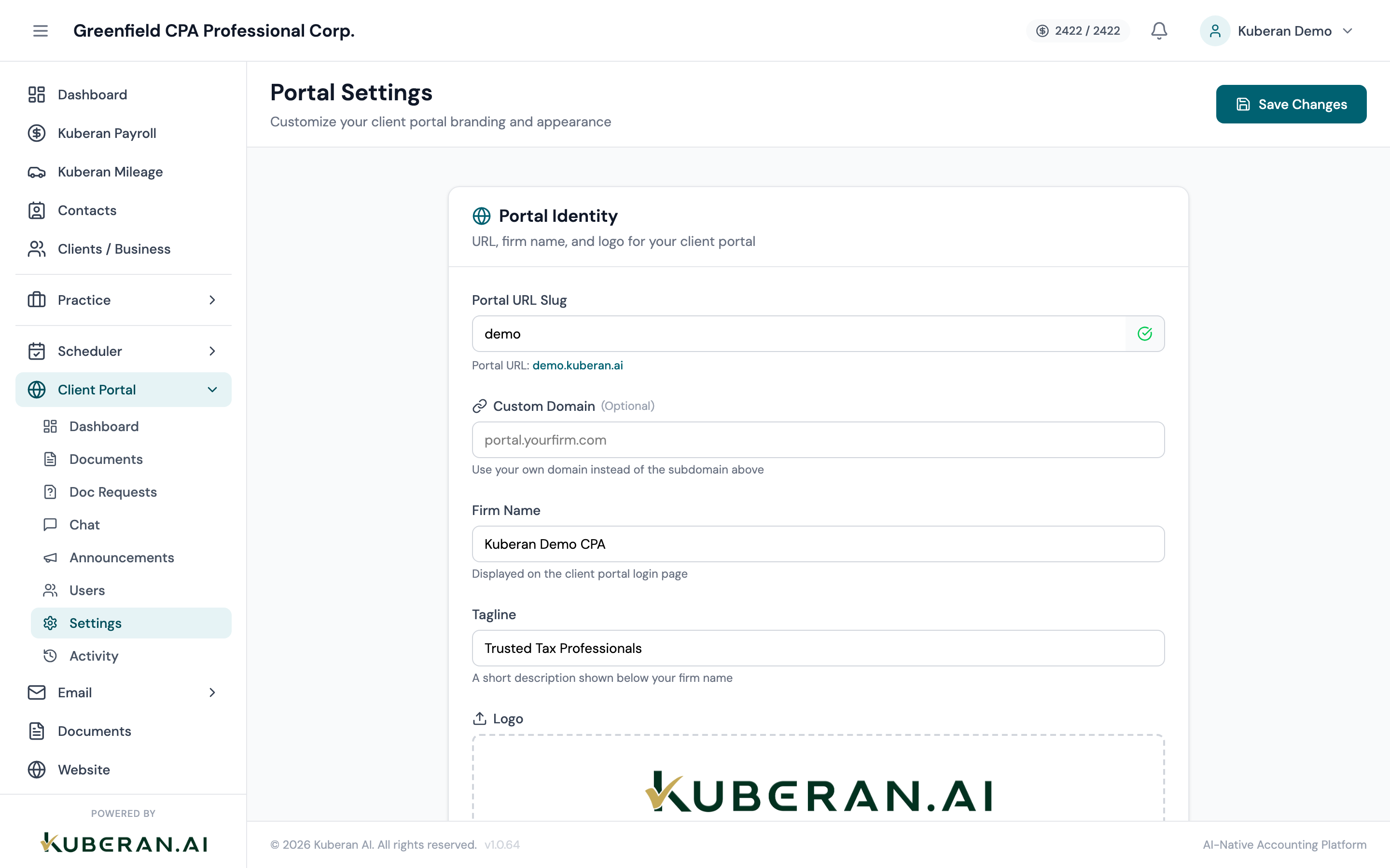 Portal Settings screen with tabs for Appearance, Domain, and Features