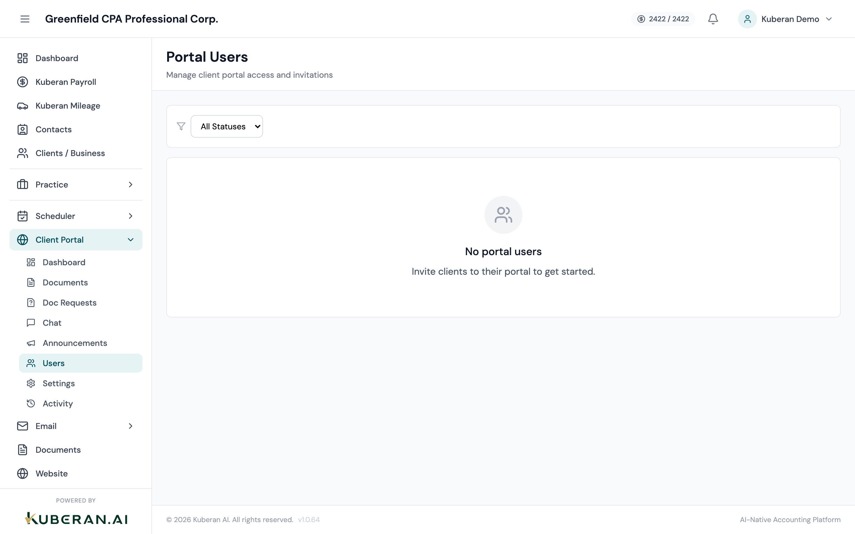Portal Users list showing contact name, linked client, permissions, and last login
