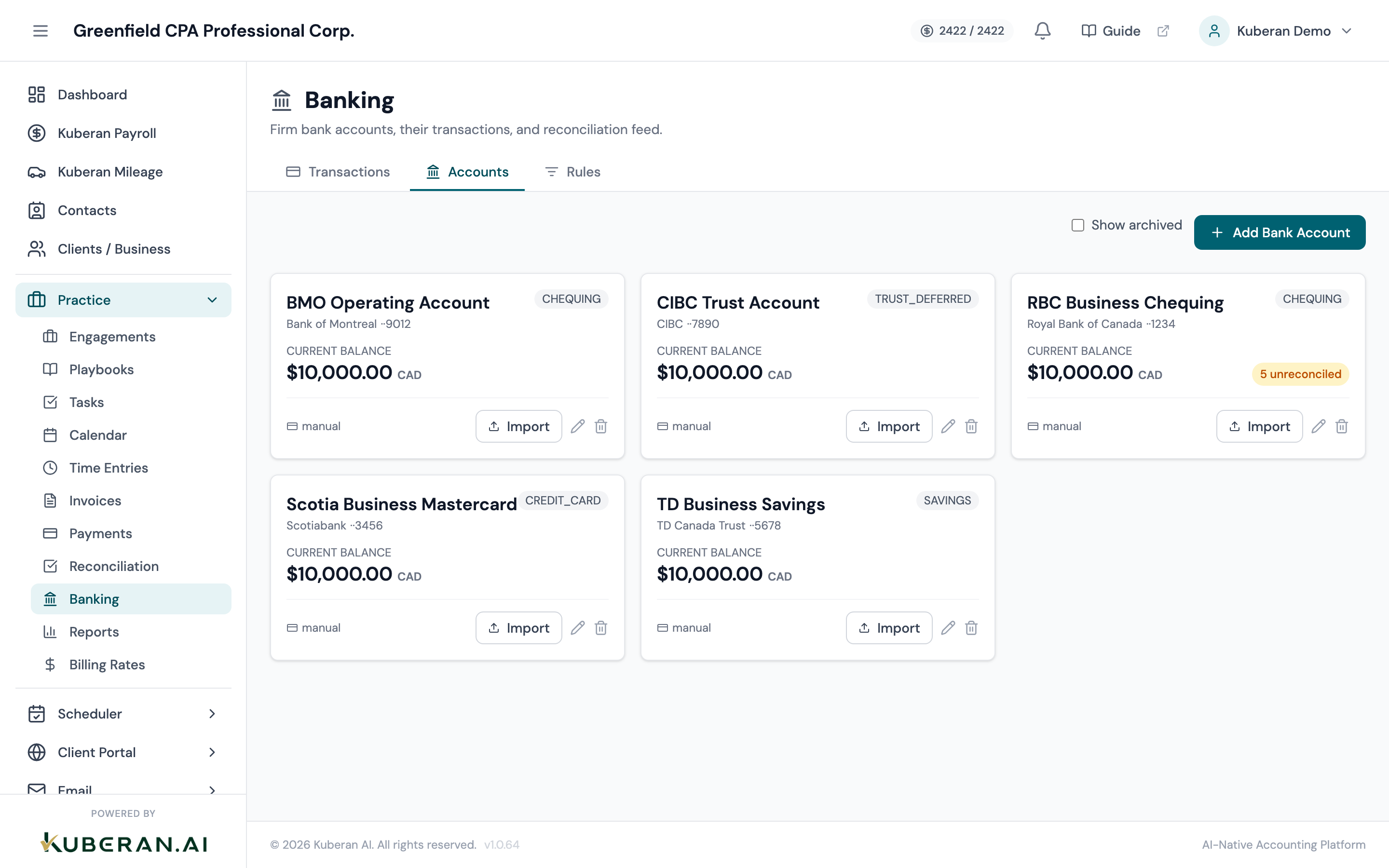 Banking screen with Accounts tab and Transactions tab, showing account cards and transaction rows