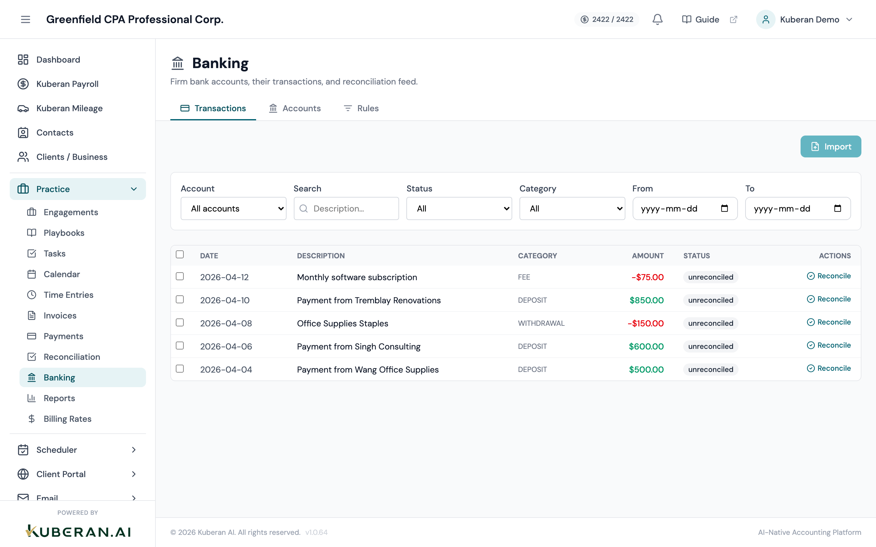 Bank Transactions screen with the Uncategorised tab selected, showing a list of pending transactions